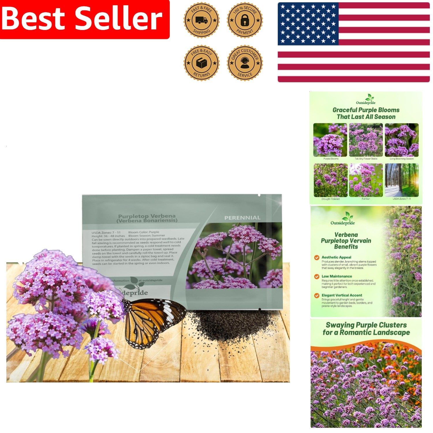 Flower Seeds 5000: Resilient Purpletop Vervain, Vibrant Gardens, Hot Dry Climate
