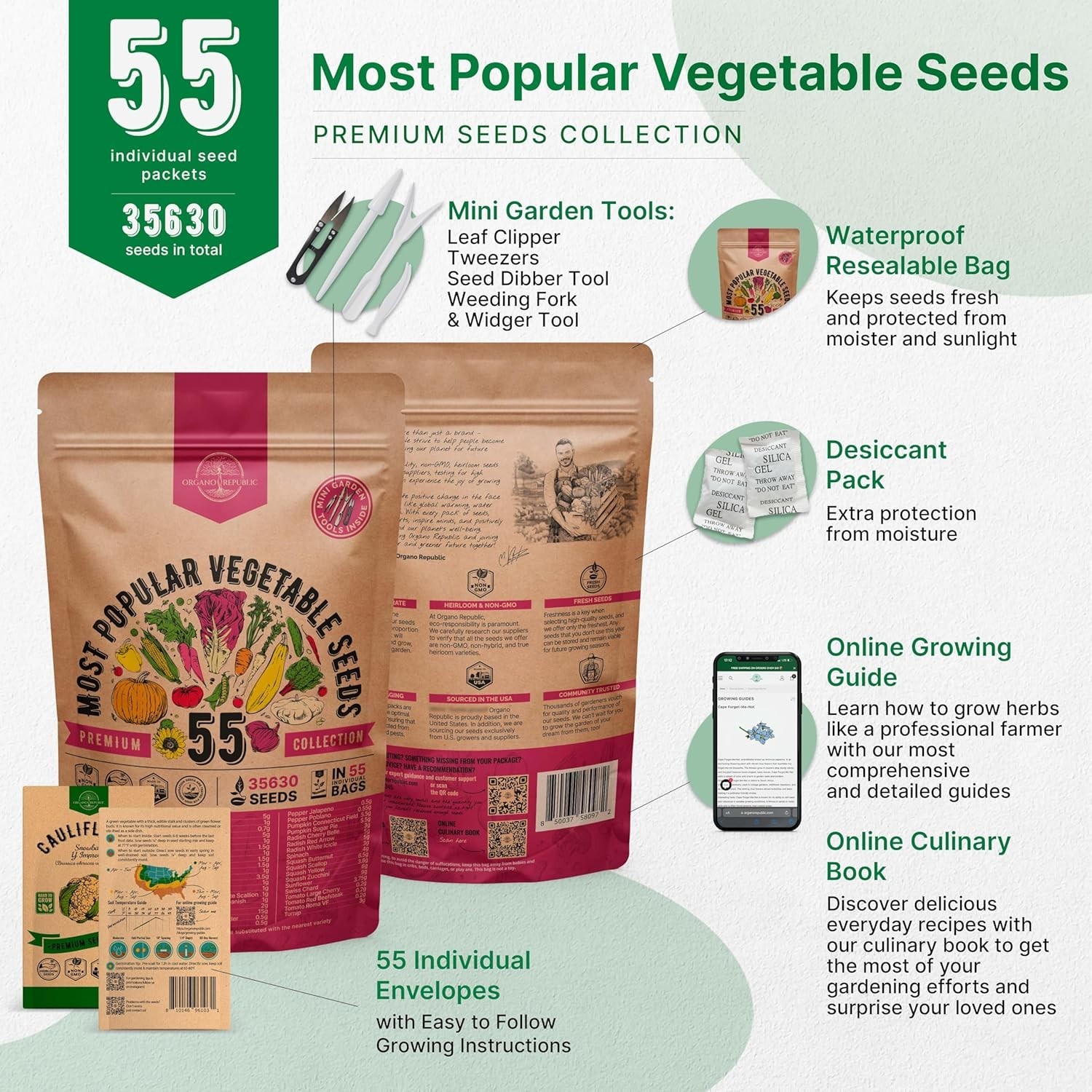 55 Vegetable Seeds Variety Pack – 35,600+ Non-GMO Heirloom Seeds for Planting…