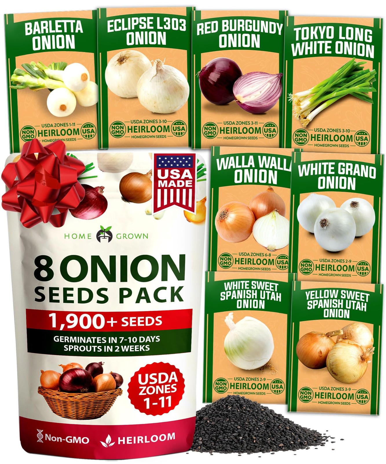 HOME GROWN 8 Onion Variety Mix 1600+ Heirloom 1-Pack, Red,White,Yellow