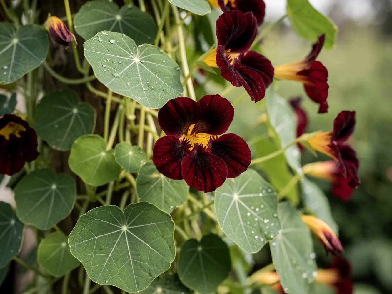 20 BLACK VELVET NASTURTIUM Tropaeolum Majus Dark Maroon Red Hummingbird Flower S