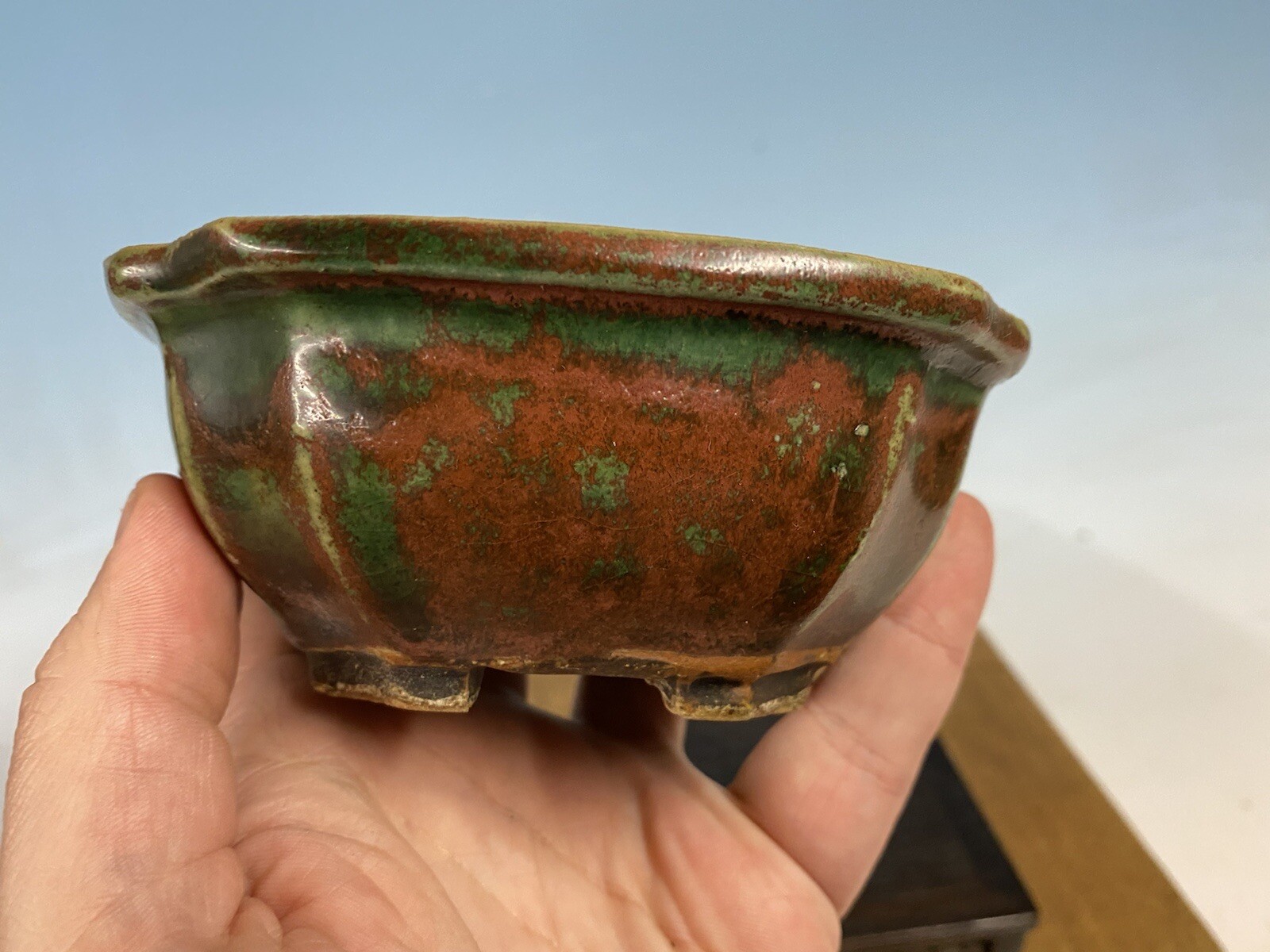 Green Red Glazed Shohin Size Bonsai Tree Pot Heian Kosen 4 7/8”