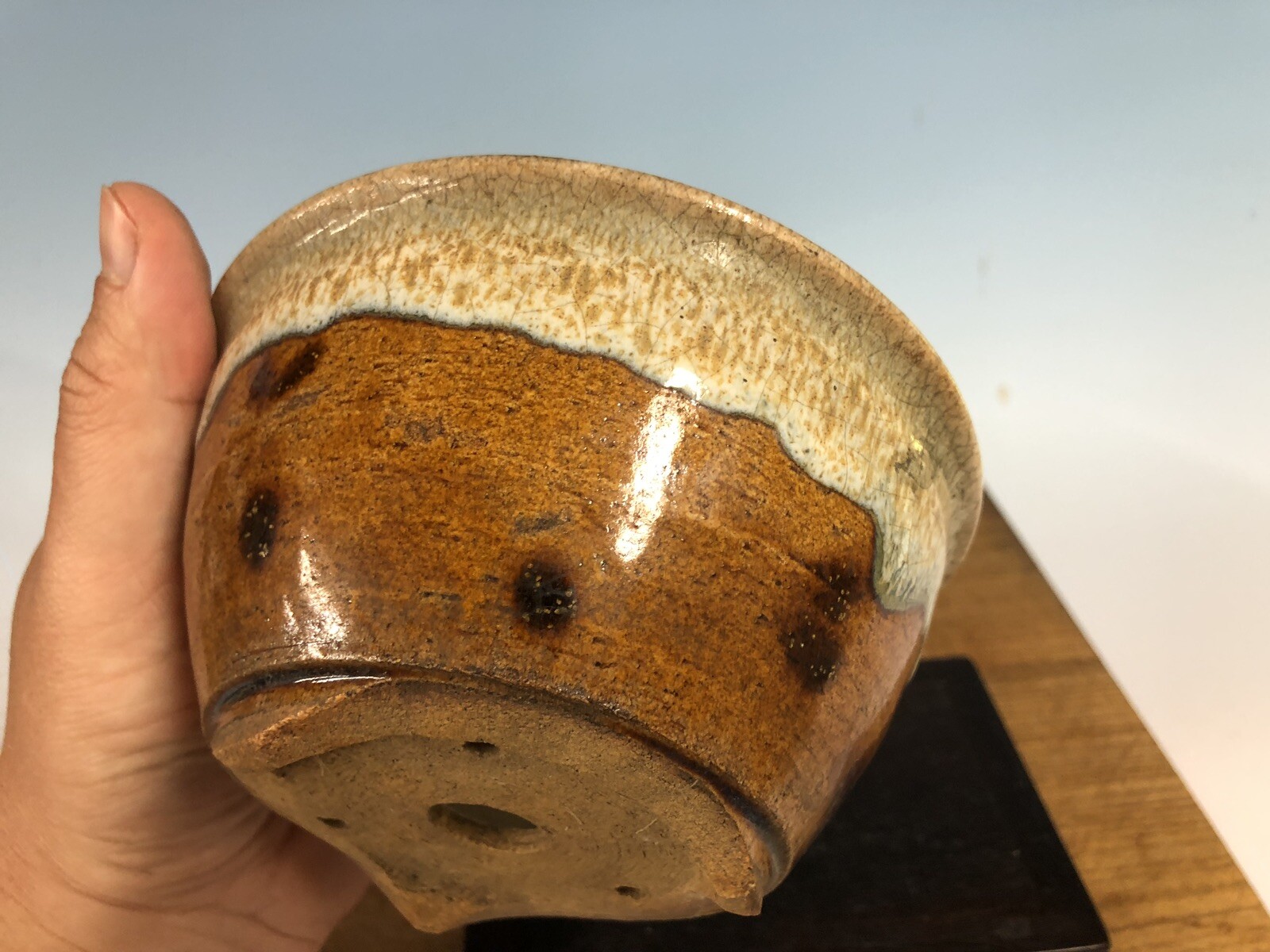 Brown White Round Glazed Shohin Size Bonsai Tree Pot Fugushige Bushuan 5 1/16”