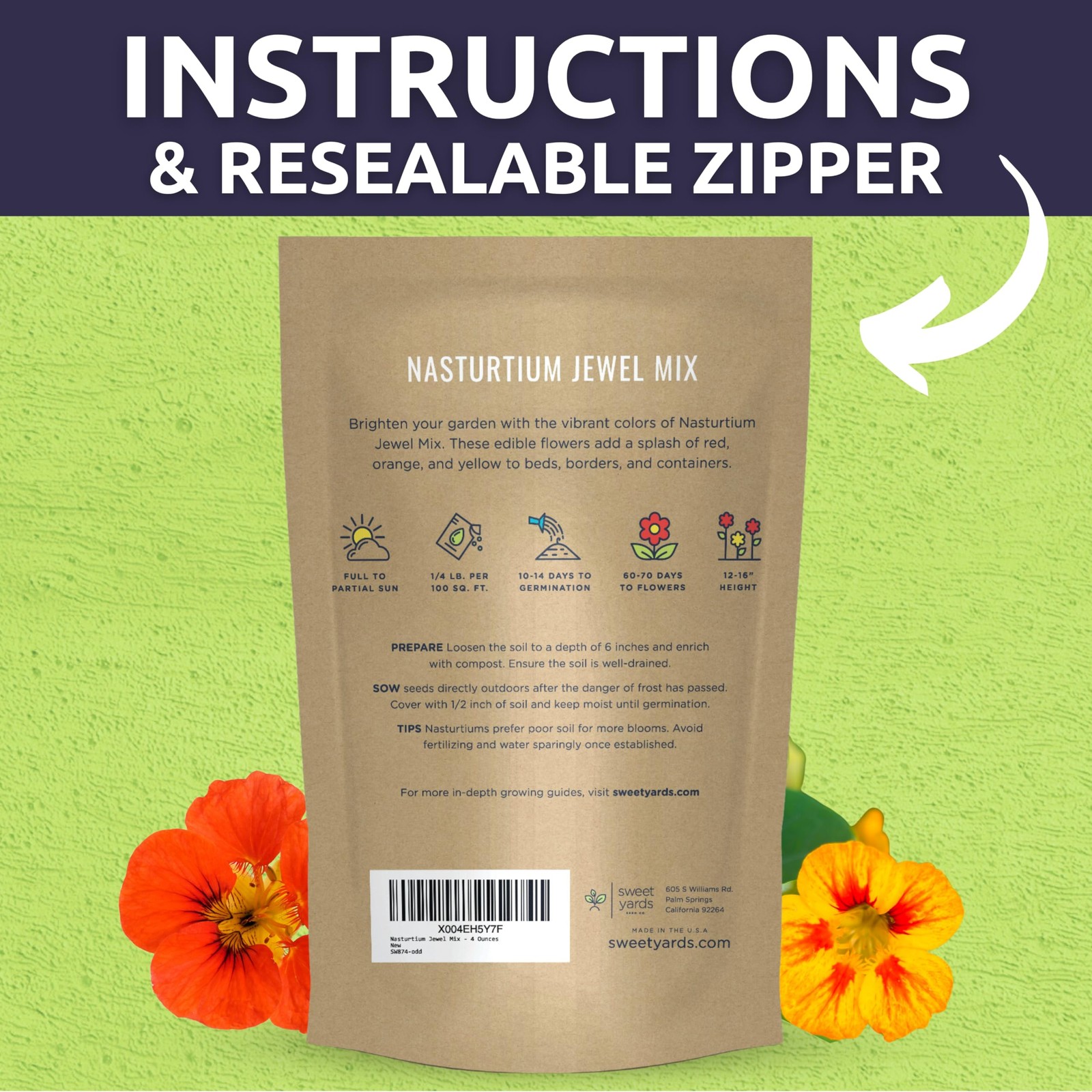 Nasturtium Jewel Mix 1/4 Pound Pouch 750 Flower Seeds For Planting Tropaeolum