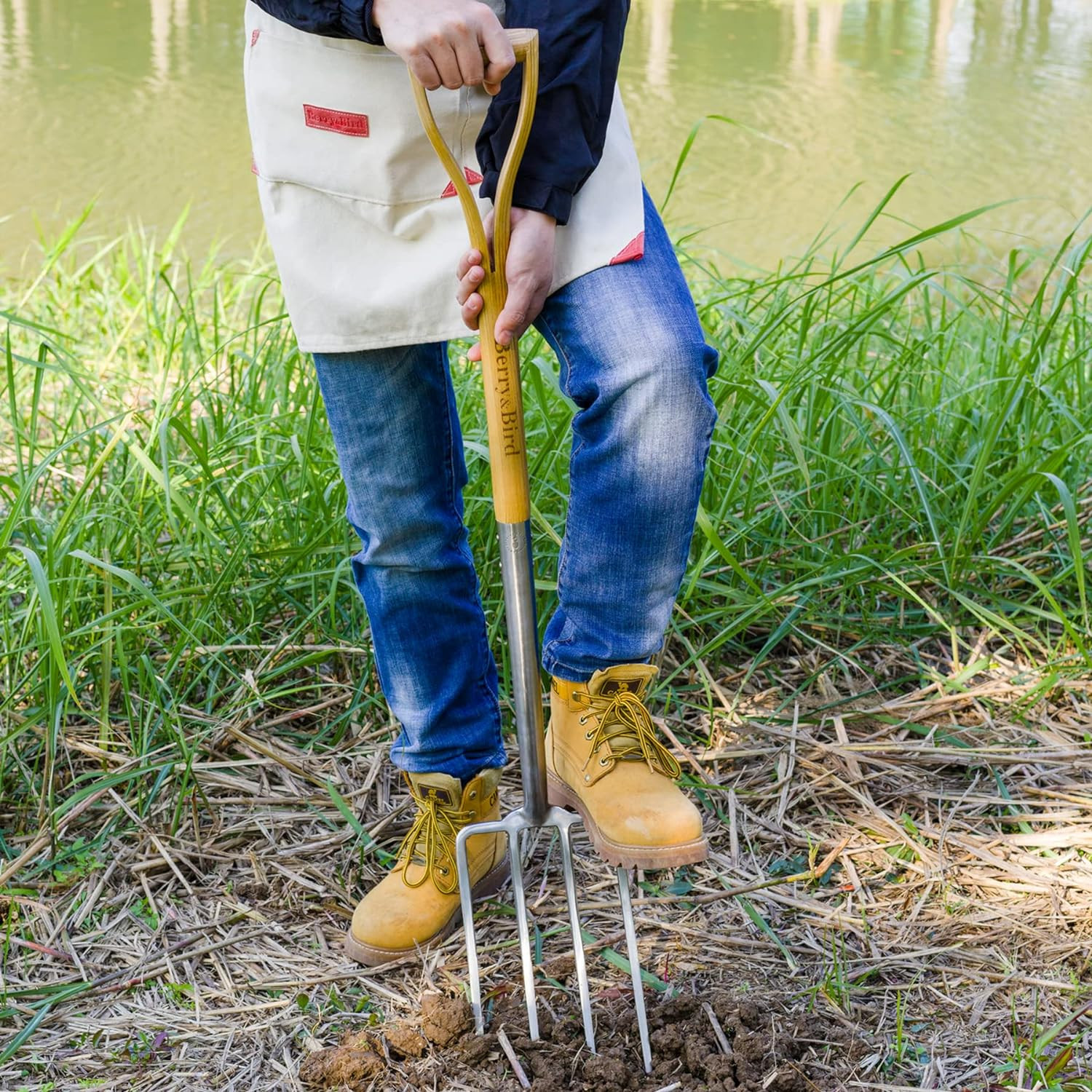 Gardening Digging Fork, 4-Tine Stainless Steel Pitchfork, 43.9″ Heavy Duty Spadi