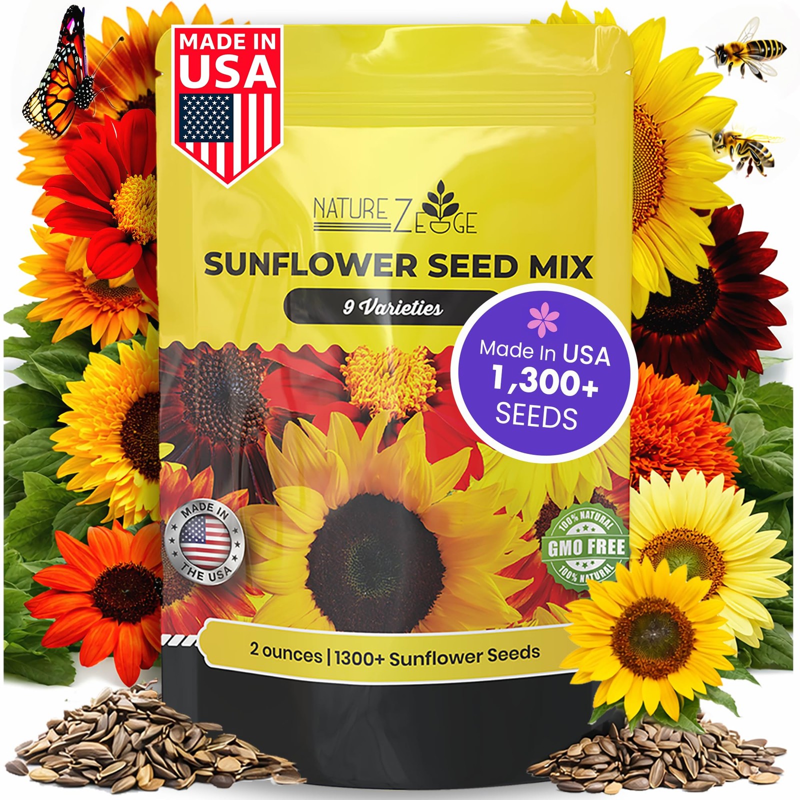 NatureZ Edge 1300+ Sunflower Seeds Garden Variety 2 oz- 1300 Seeds, Yellow
