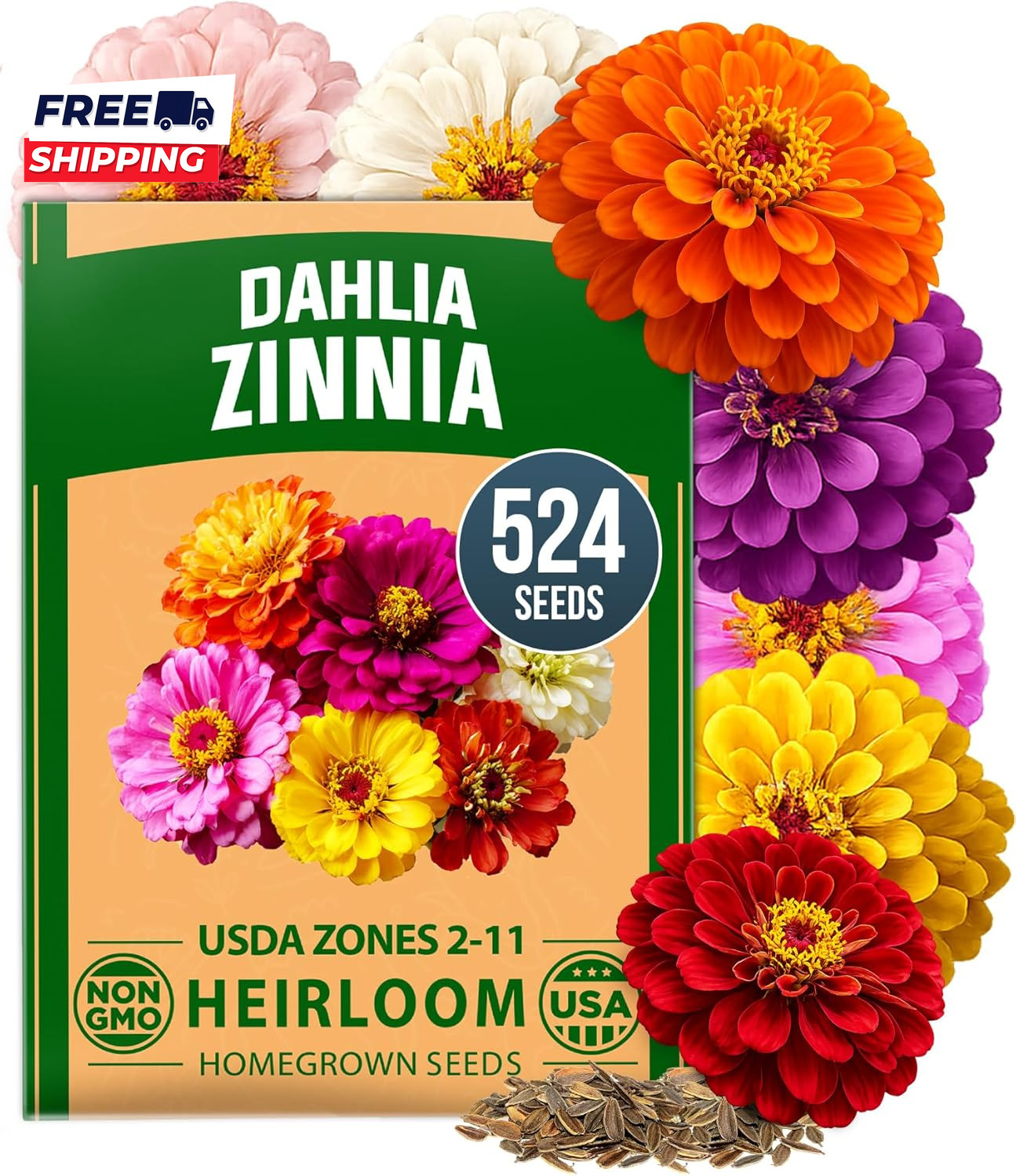 Zinnia Dahlia Seeds Pack for 2026 Non GMO 524 Flower Seeds Vibrant Zinnia Elegan