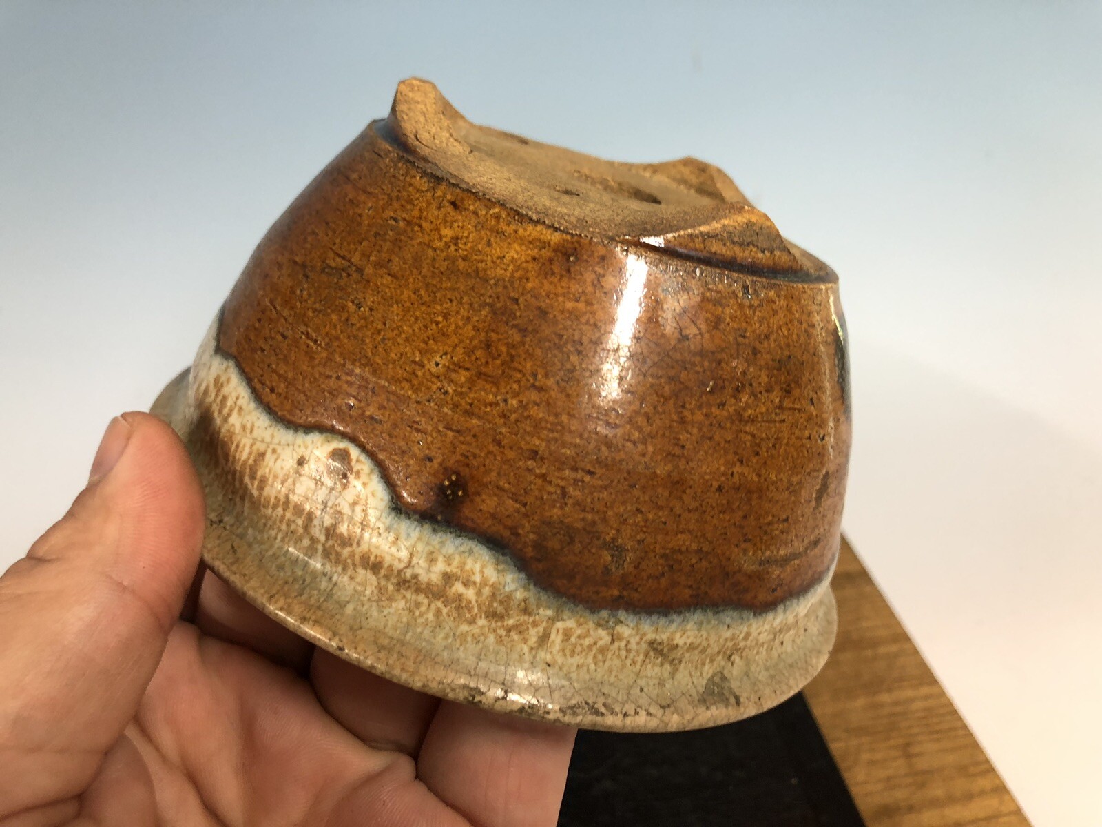 Brown White Round Glazed Shohin Size Bonsai Tree Pot Fugushige Bushuan 5 1/16”