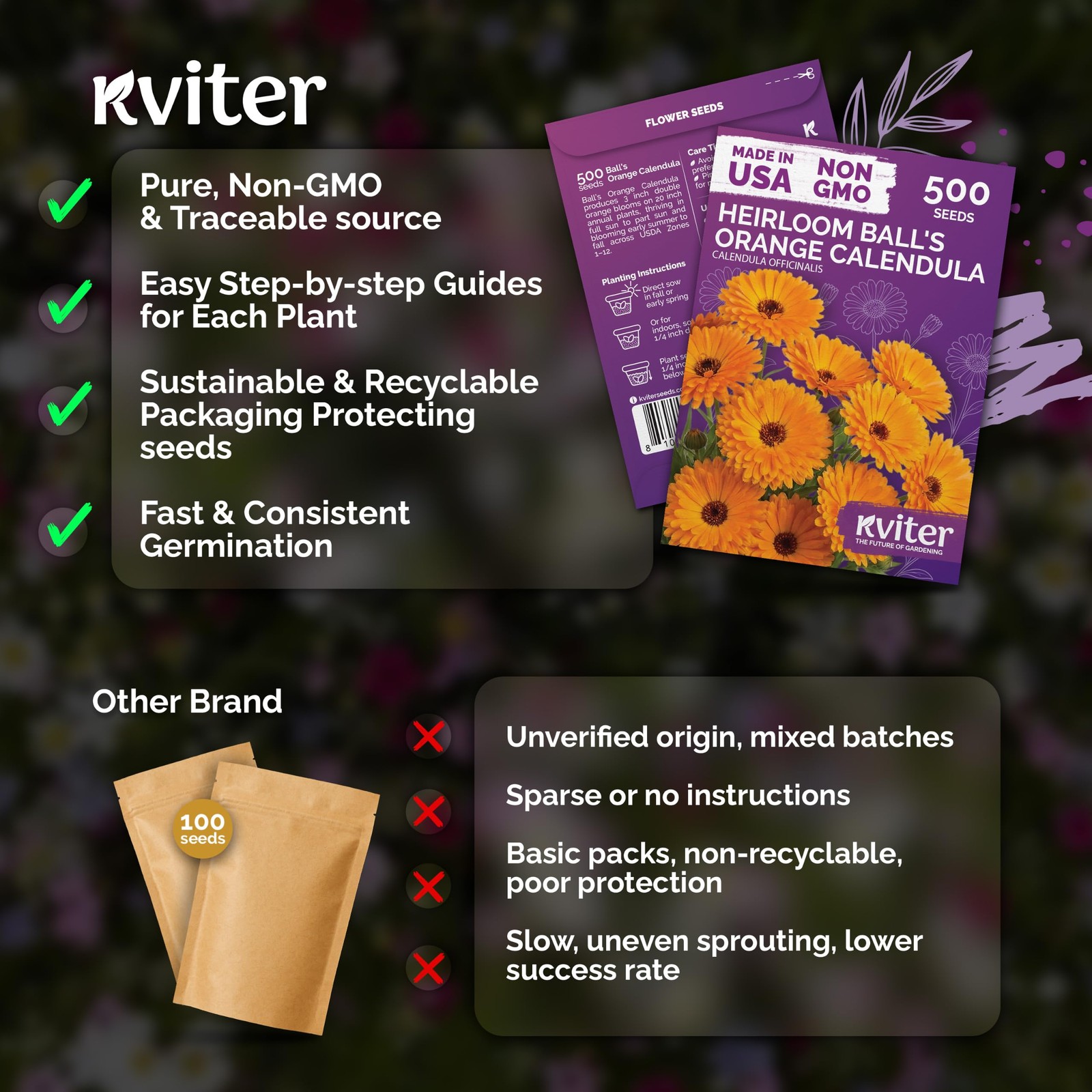 KVITER 500 Ball’s Orange Calendula Seeds (Calendula Officinalis)