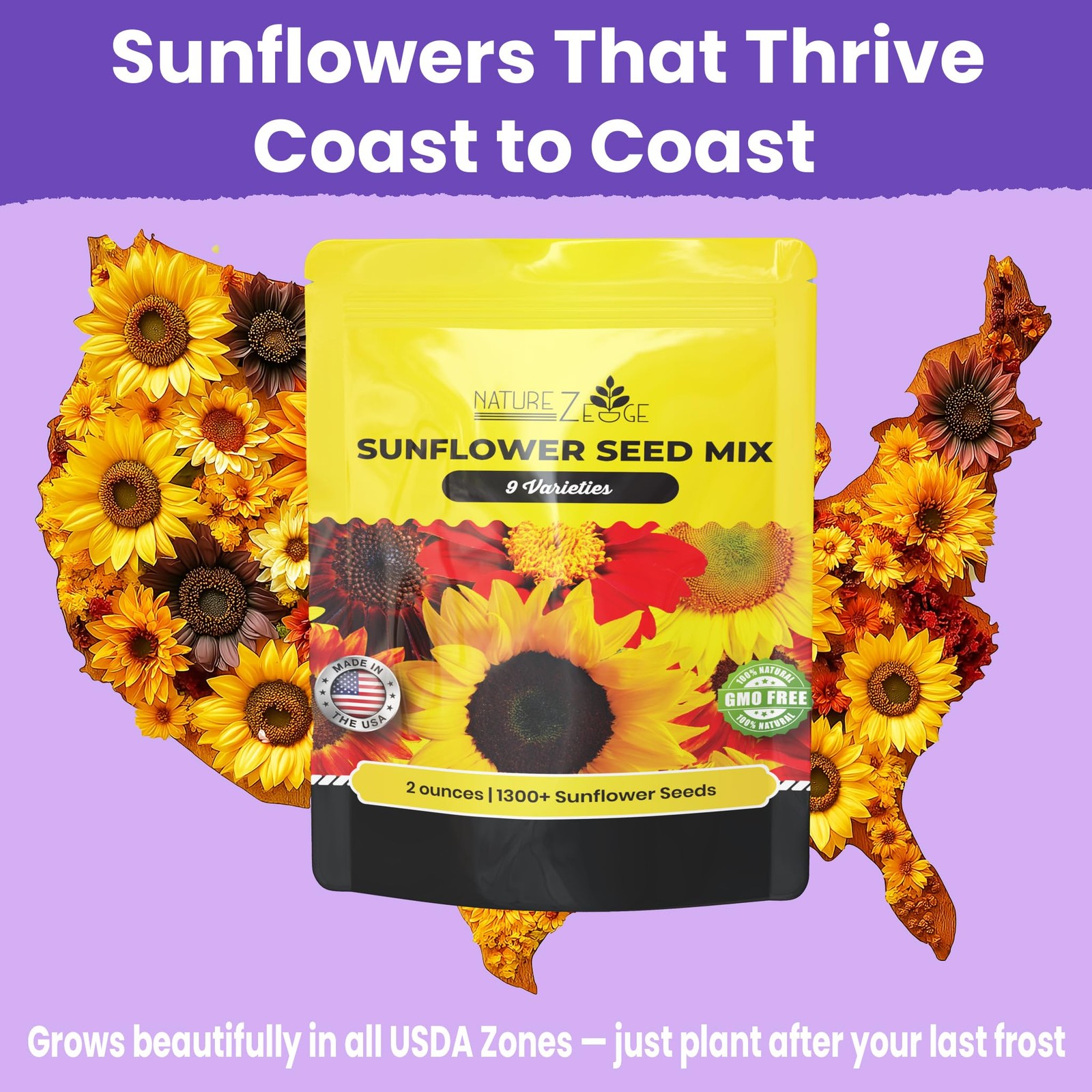NatureZ Edge 1300+ Sunflower Seeds Garden Variety 2 oz- 1300 Seeds, Yellow
