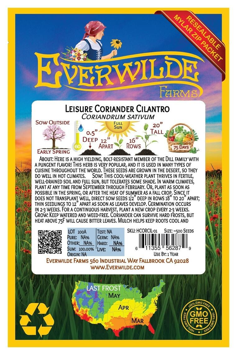 500 Leisure Coriander Cilantro Herb Seeds – Everwilde Farms Mylar Seed Packet