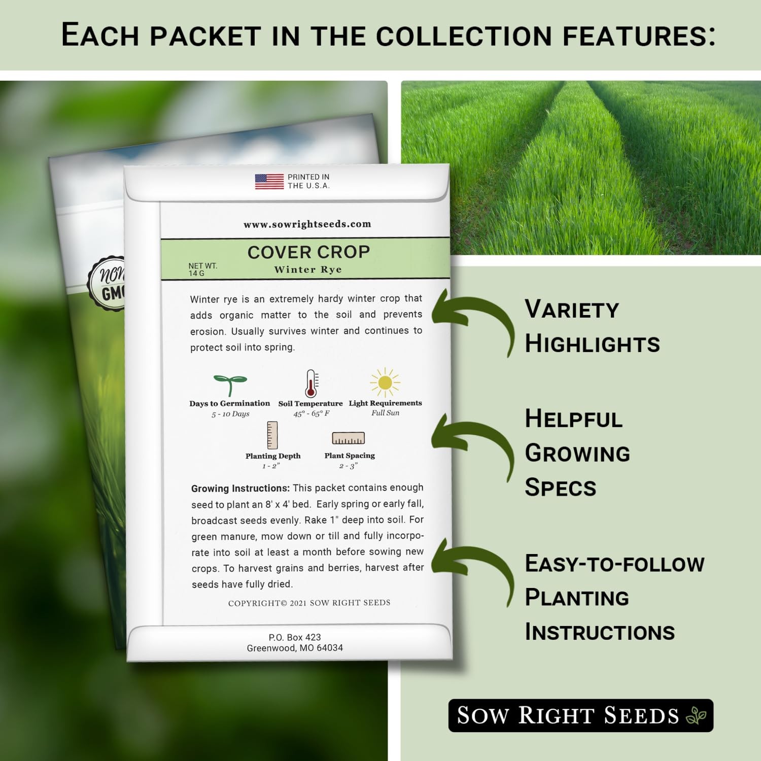 Cover Crop Seeds for Planting – Winter Rye, Dutch Clover & Oats – Non-GMO