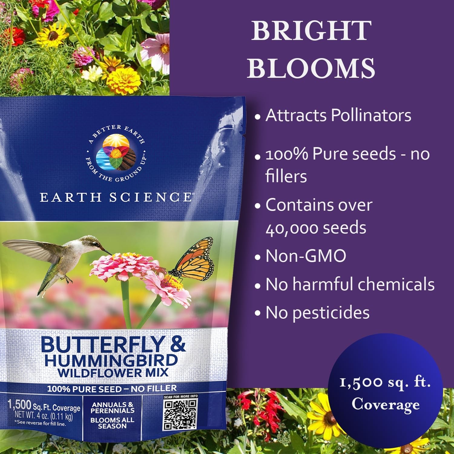 Wildflower Seed Blend for Bees, Butterflies & Hummingbirds – 4oz Non-GMO Premium