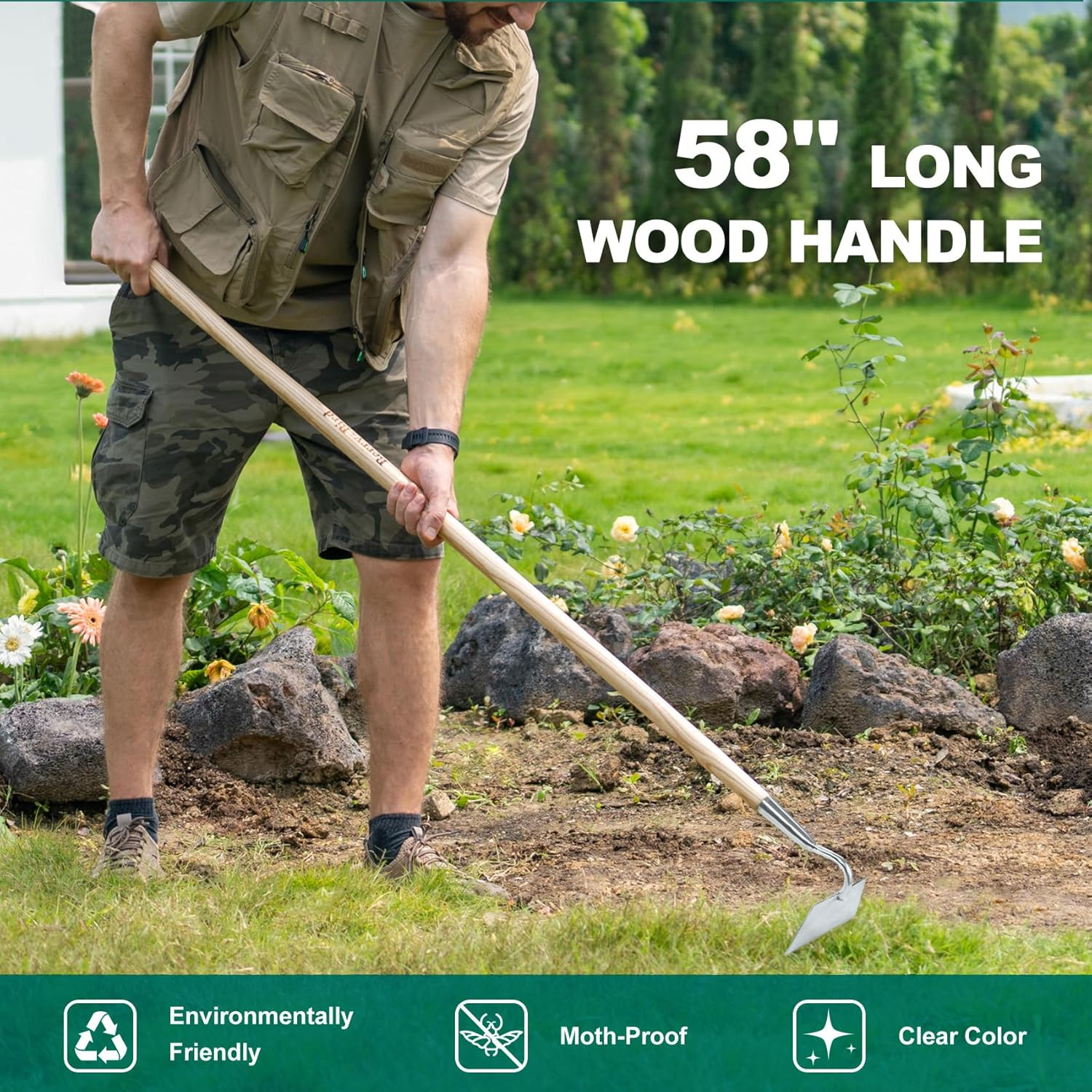 Heavy Duty Flat Edge Garden Hoe – 58” Stainless Steel Weeder Tool