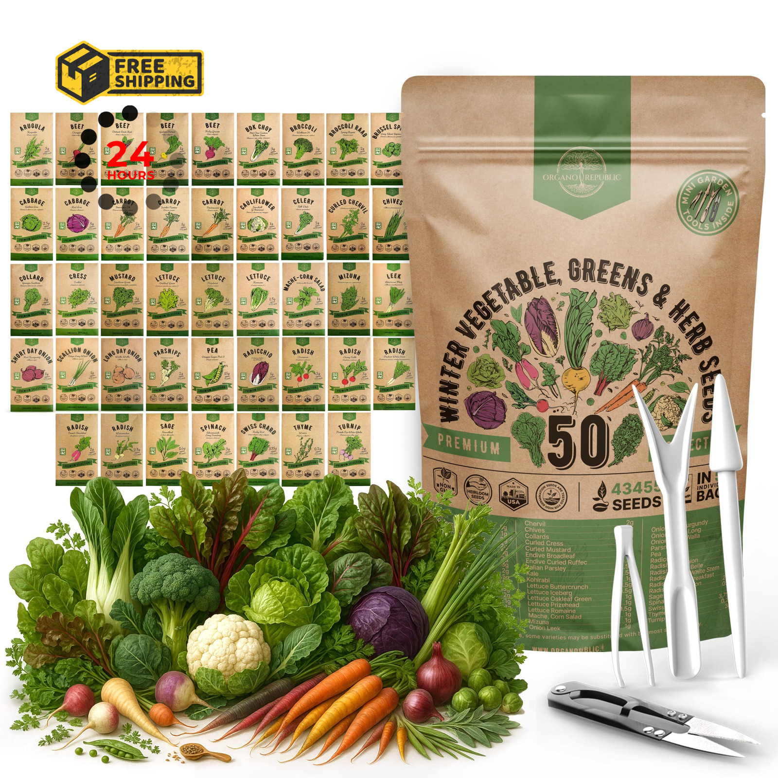 50 Winter 50 Vegetable Garden Seeds, Green, Purple, Red, Yellow