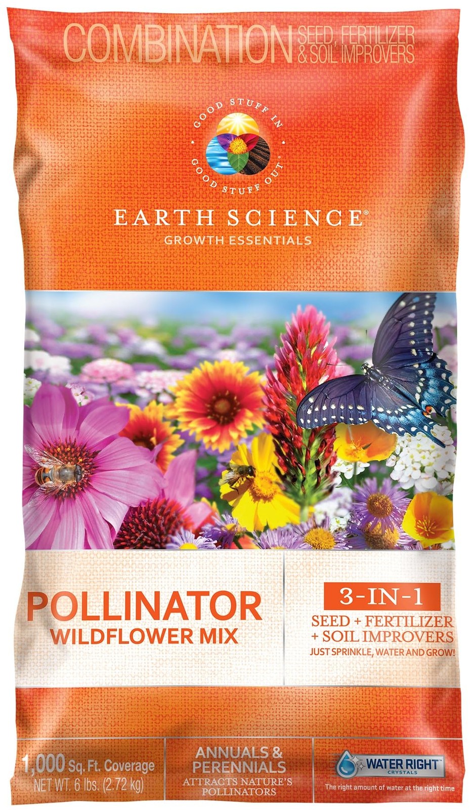 Earth Science Wildflower Pollinator Mix— 6 lb—3-in-1 Mix with Premium Wildflower