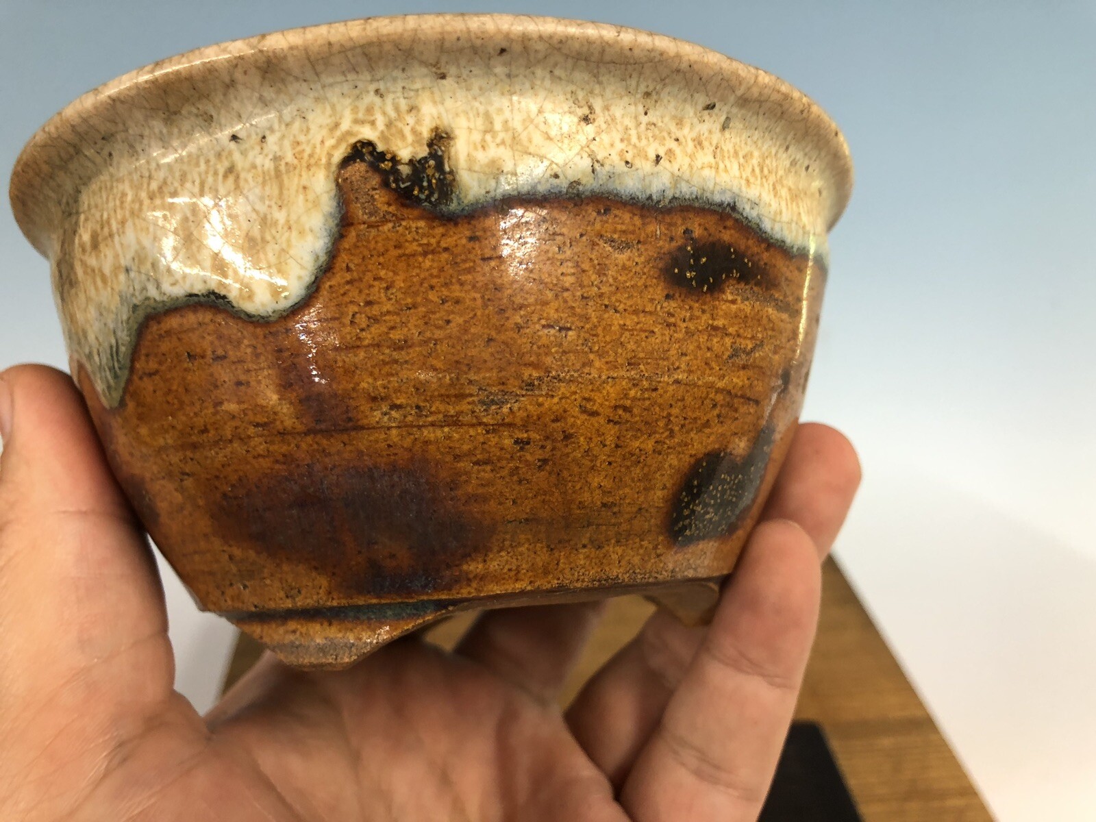 Brown White Round Glazed Shohin Size Bonsai Tree Pot Fugushige Bushuan 5 1/16”