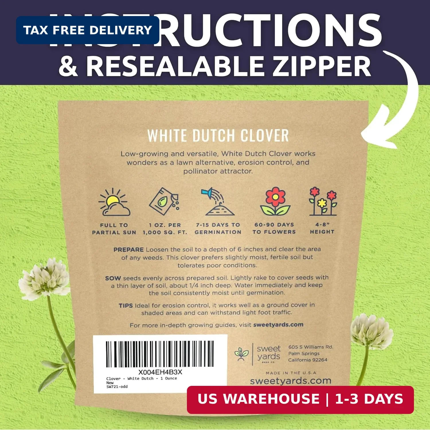 White Dutch Clover – Large 1 Ounce Packet – 40,000 Flower Seeds for Planting – T