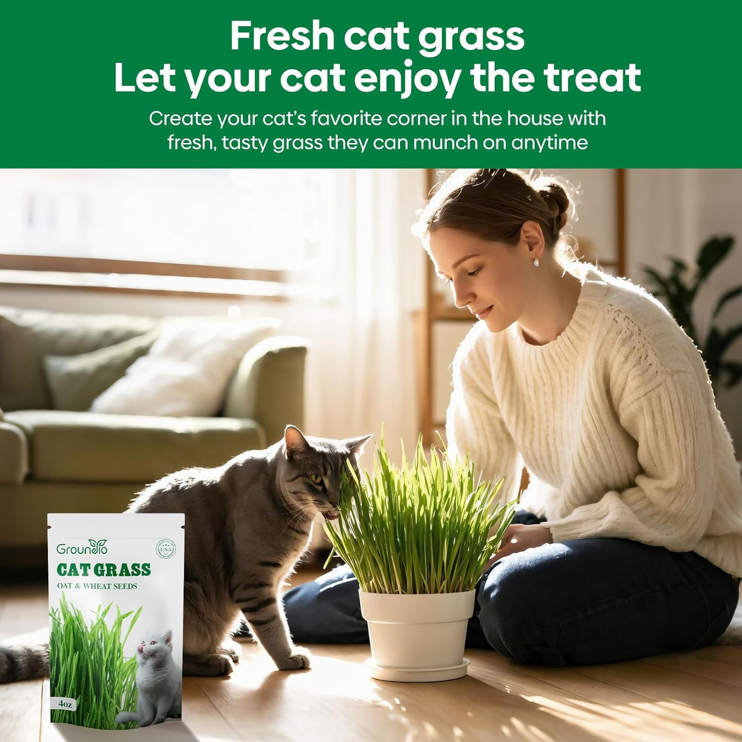 Cat Grass Seeds Mix, Non-GMO Wheat & Oat, Indoor Cats, USA Grown, 4 oz