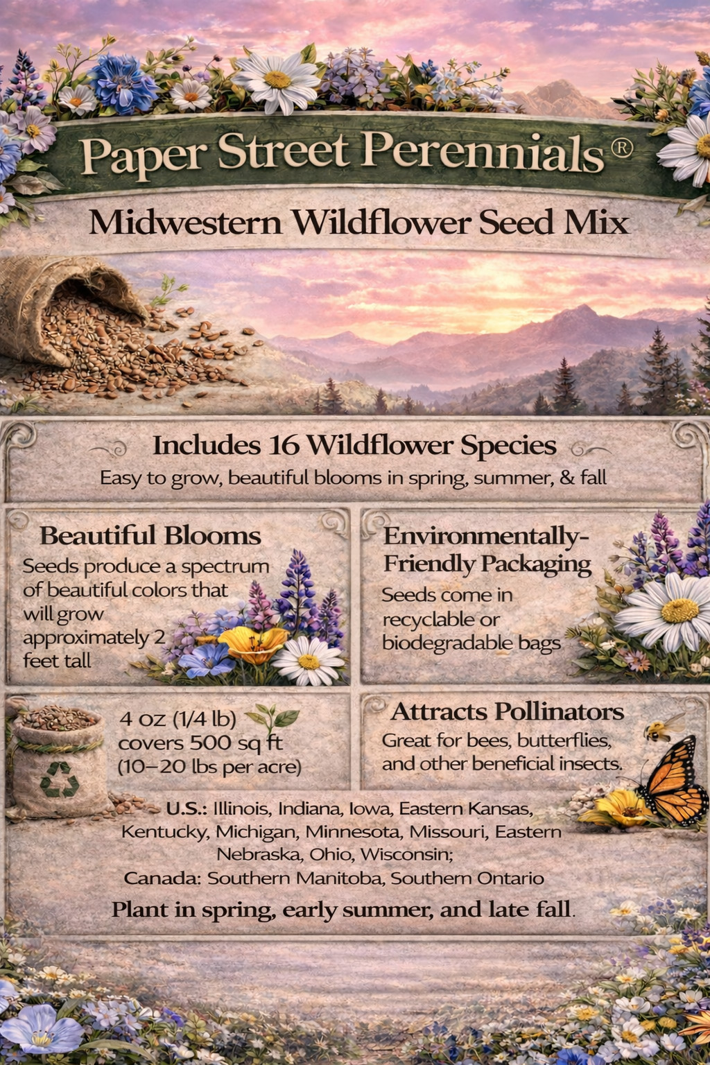 Minnesota Wildflower Seed Mix 1 lb Covers 2,000 Sq Ft Pollinator Garden Seeds