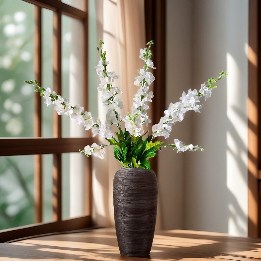 4Pcs White Delphinium Artificial Flowers, 33.46″ Real-Look Silk Stems for Decor.