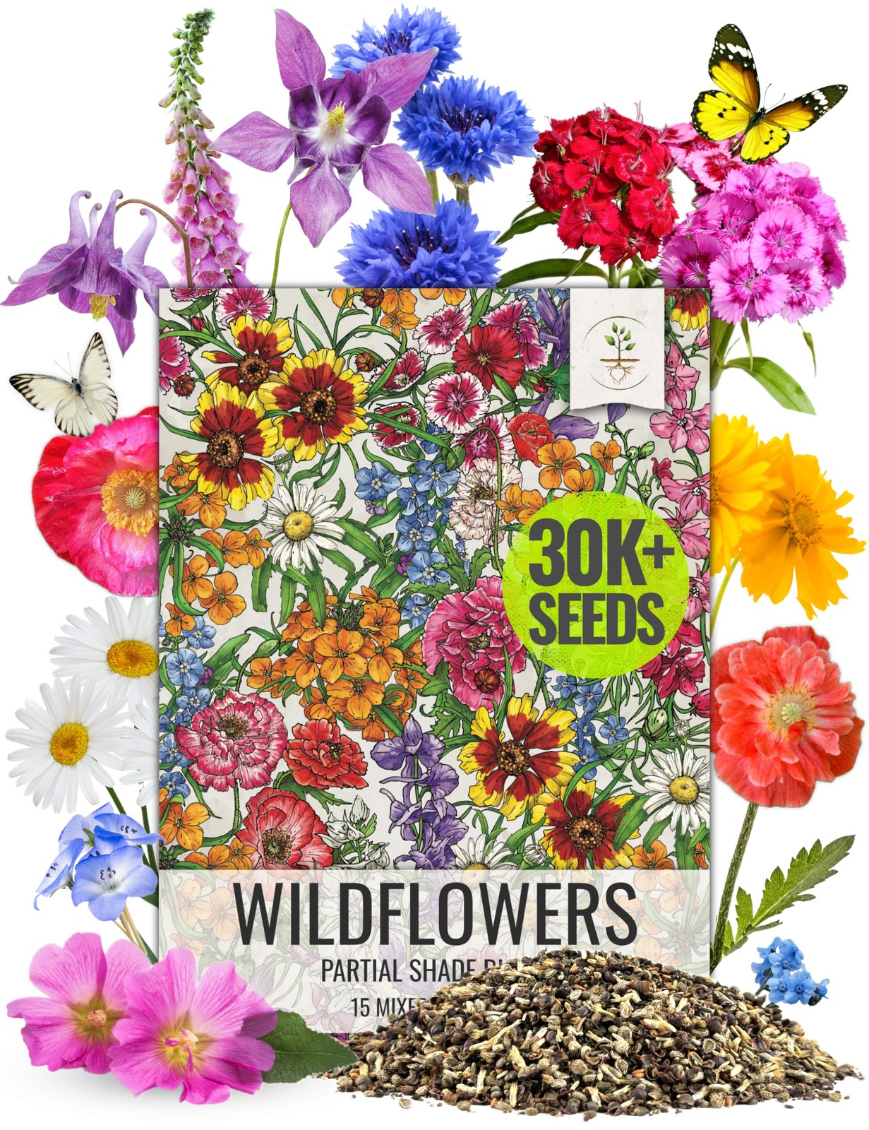 Wildflower Seed Mix for Partial Shade – 2oz, 14 Varieties, Annual & Perennial