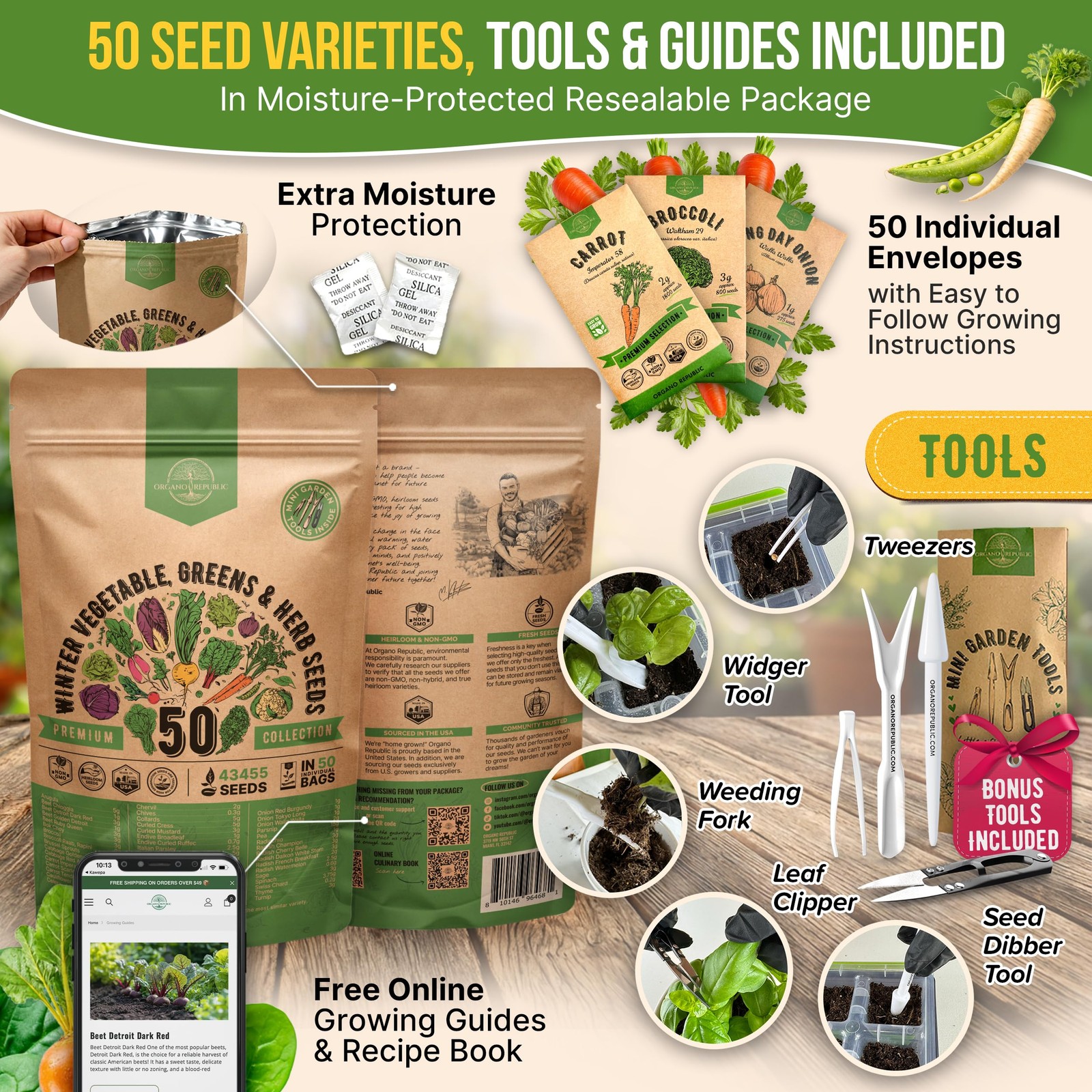 50 Winter 50 Vegetable Garden Seeds, Green, Purple, Red, Yellow