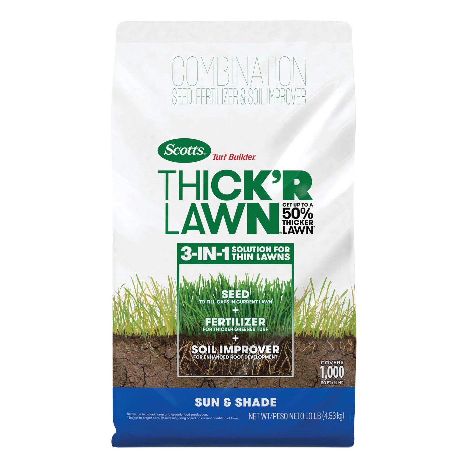 Scotts Turf Builder Thick’R Lawn Sun and Shade, Combination 10 lb., Brown