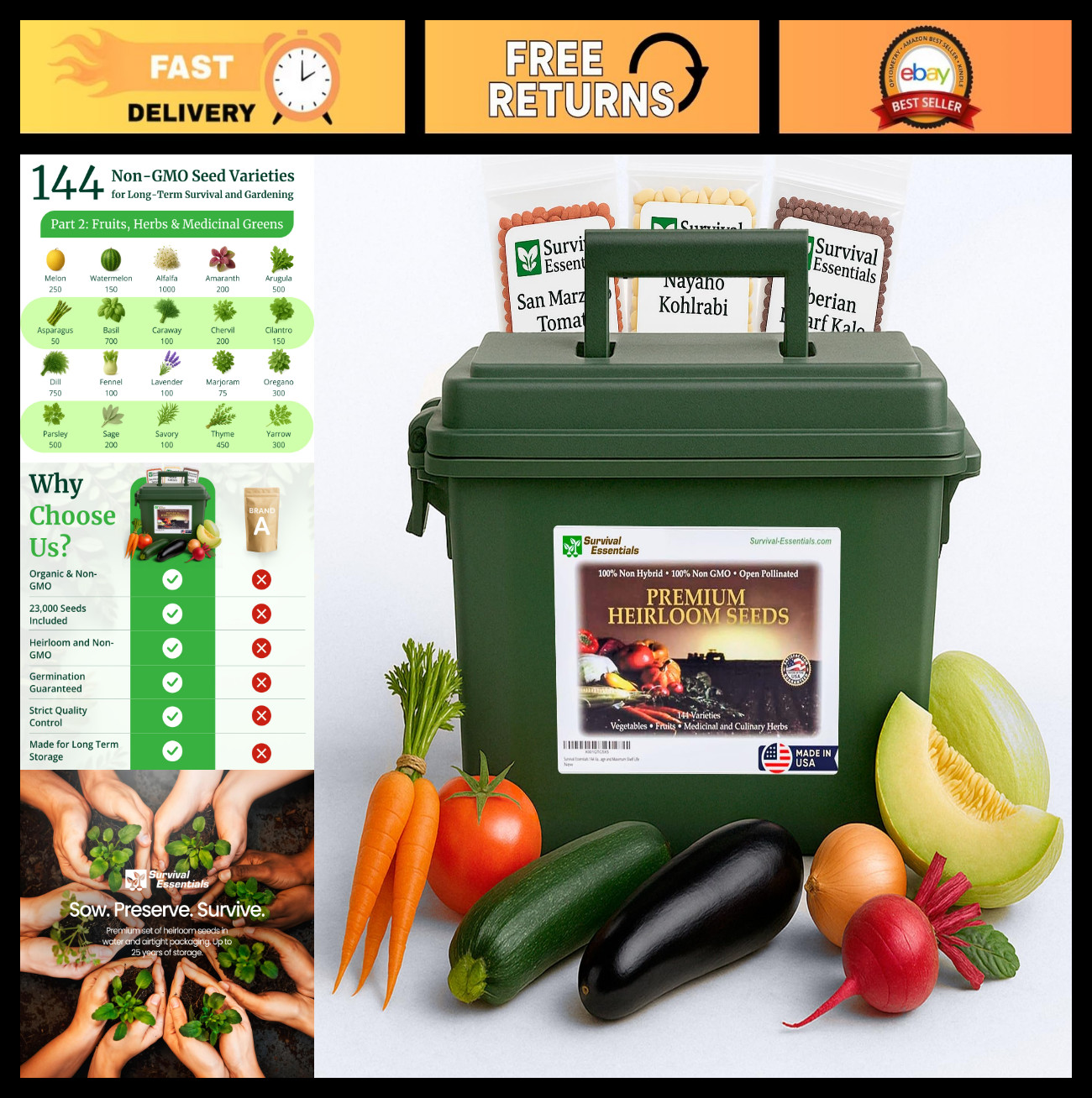 Non-GMO Heirloom Survival Seed Vault – 23,000 Open-Pollinated Seeds for All Zone