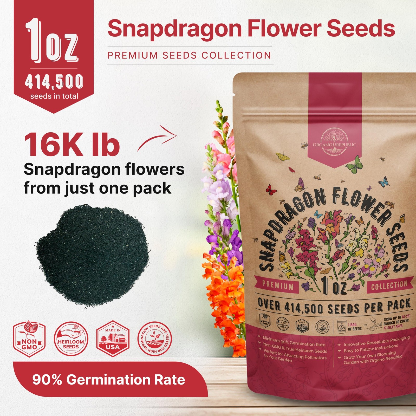 Snapdragon Flower Seeds Pack 1 oz – 1oz, Pink, Orange, Yellow, Red, Green