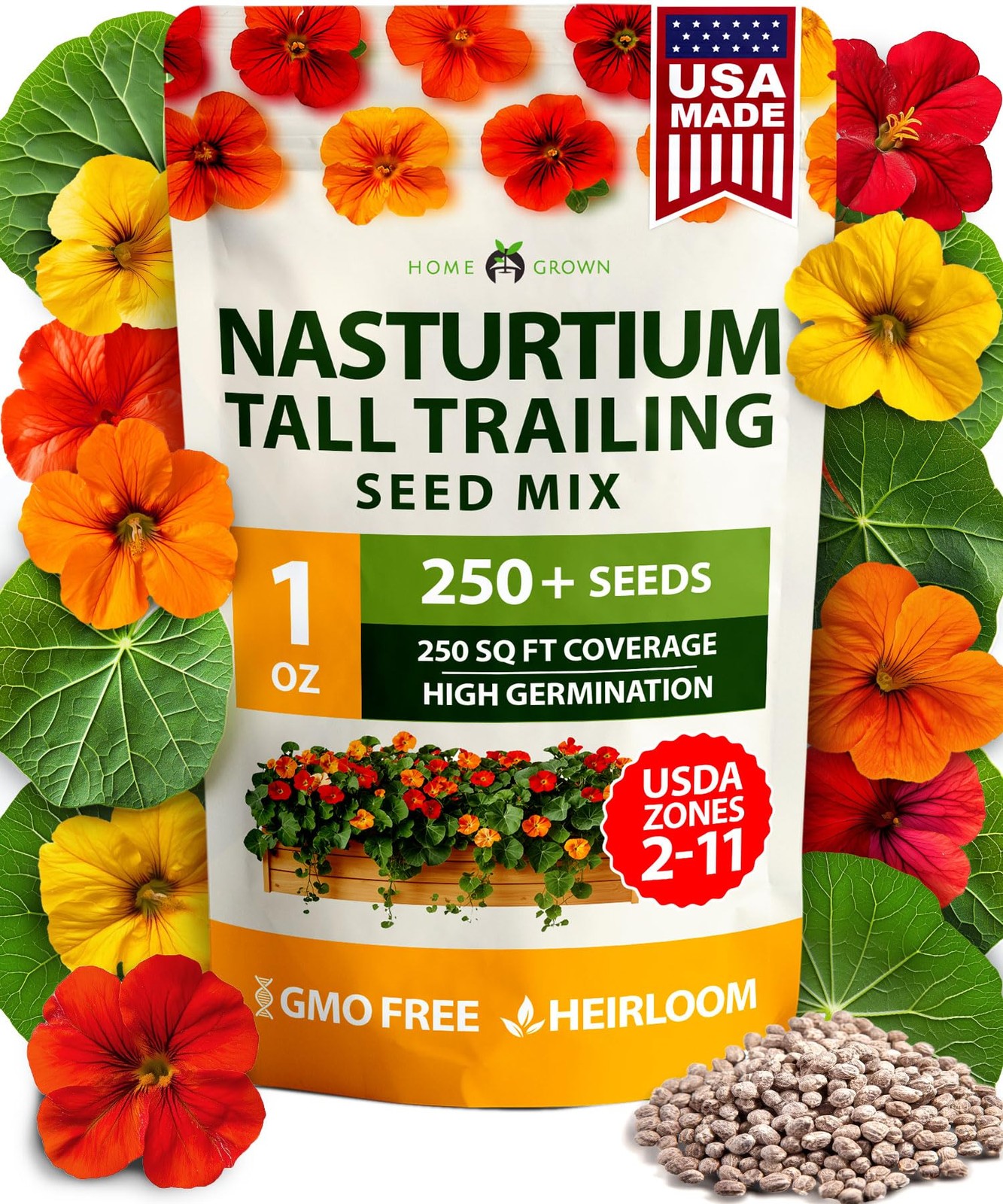 HOME GROWN Nasturtium Seeds Dwarf Tall Trailing Mix 250+ Edible 1-Pack, Green