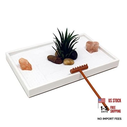 Mini Zen Garden Kit for Desk with White Sand, Rake, White Base, Salt Rectangle