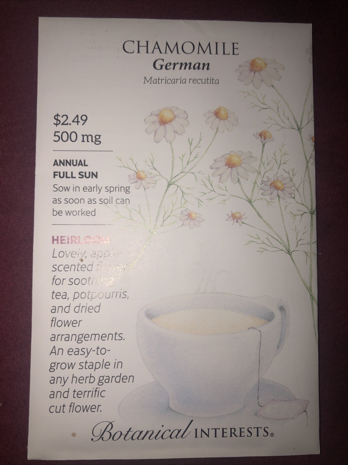 Chamomile German Heirloom Seeds Botanical Interests Exp. 12/2024