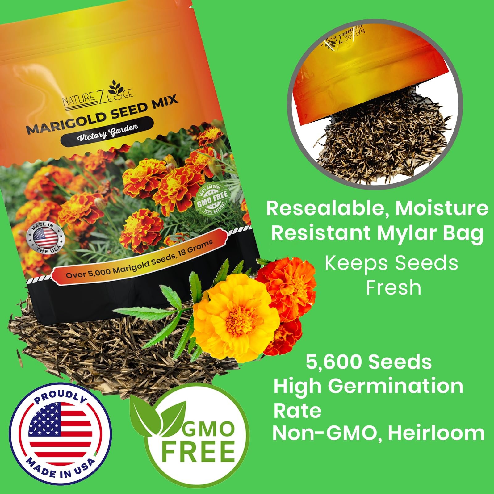 NatureZ Edge Marigold Seeds Mix, Over 5600 Seeds, 0.63 oz, Petite French