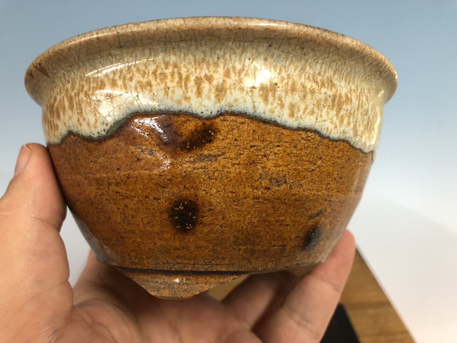 Brown White Round Glazed Shohin Size Bonsai Tree Pot Fugushige Bushuan 5 1/16”