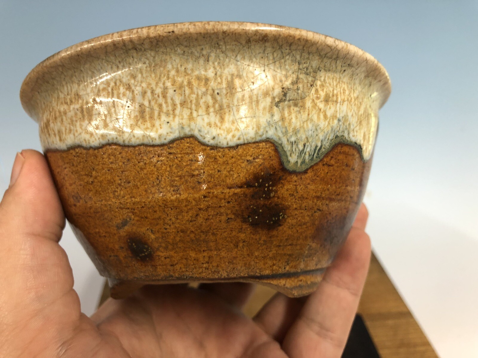 Brown White Round Glazed Shohin Size Bonsai Tree Pot Fugushige Bushuan 5 1/16”