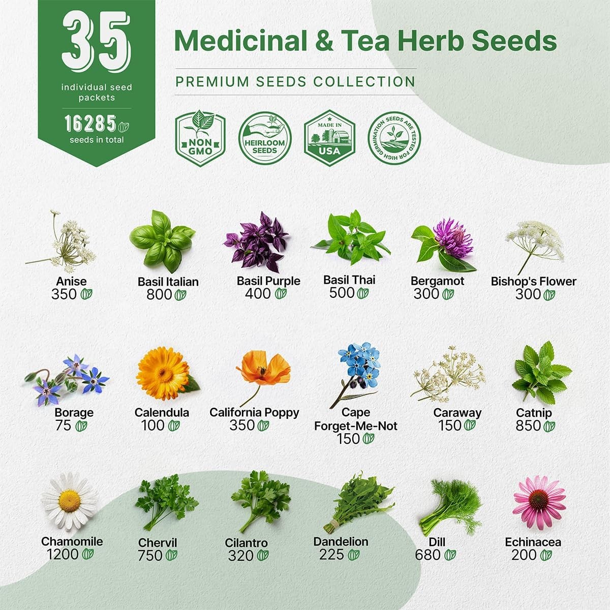 35 Medicinal & Tea Herb Seeds Variety Pack for Indoor & Outdoors. 16,335+ Non-Gm