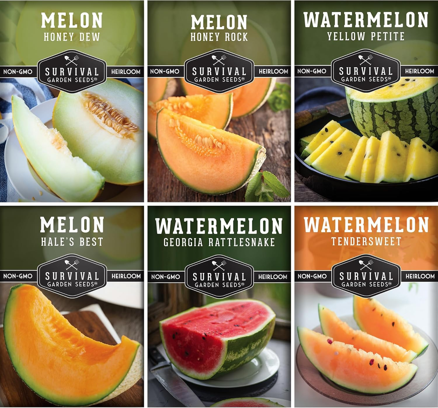 Melon Seeds Variety Pack – 6 Heirloom Cantaloupe, Honeydew & Watermelon Types fo