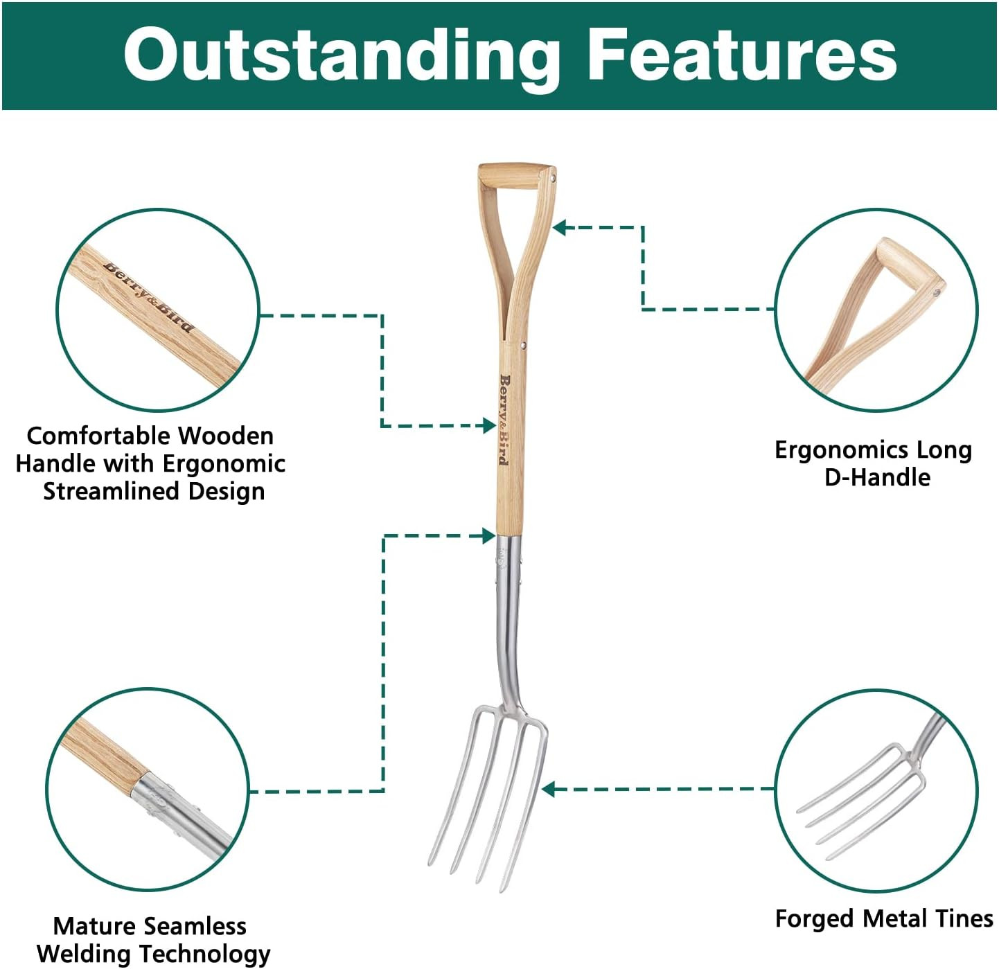 Gardening Digging Fork, 4-Tine Stainless Steel Pitchfork, 43.9″ Heavy Duty Spadi