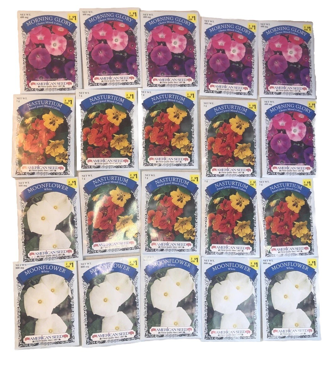 20 Packs Of Flower Seeds- 6 Moonflower, 8 Nasturtium, 6 Morning Glory-2024 seed