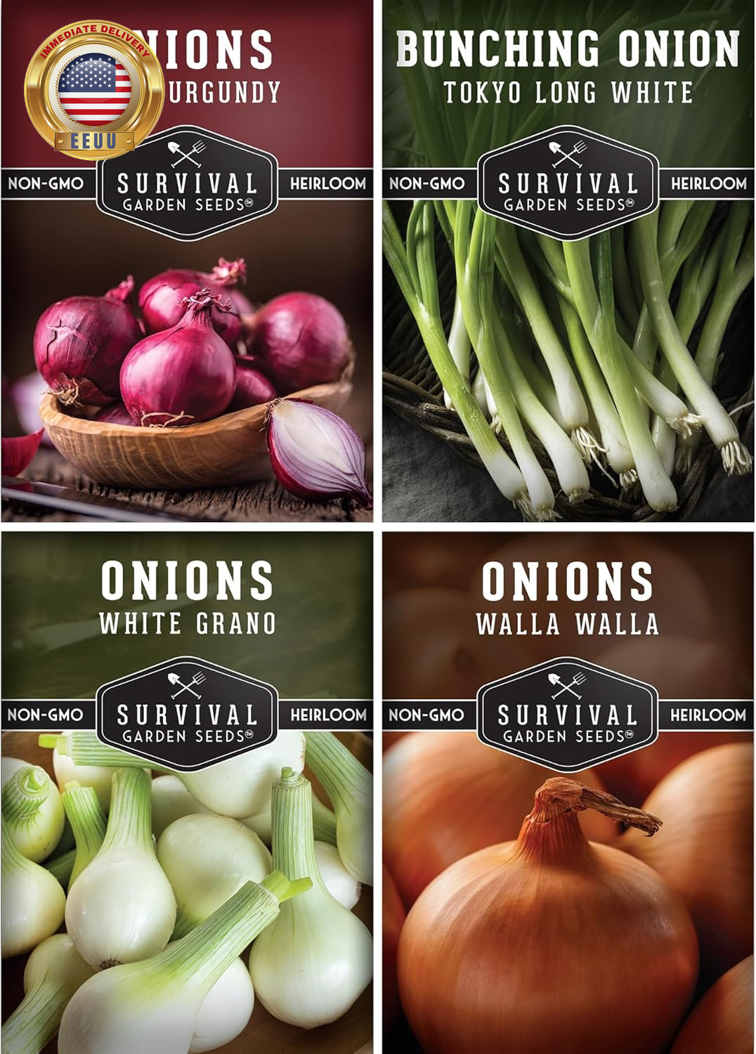 Onion Seeds 4 Variety Collection – Bunching, Red Burgundy, White Grano & Walla W