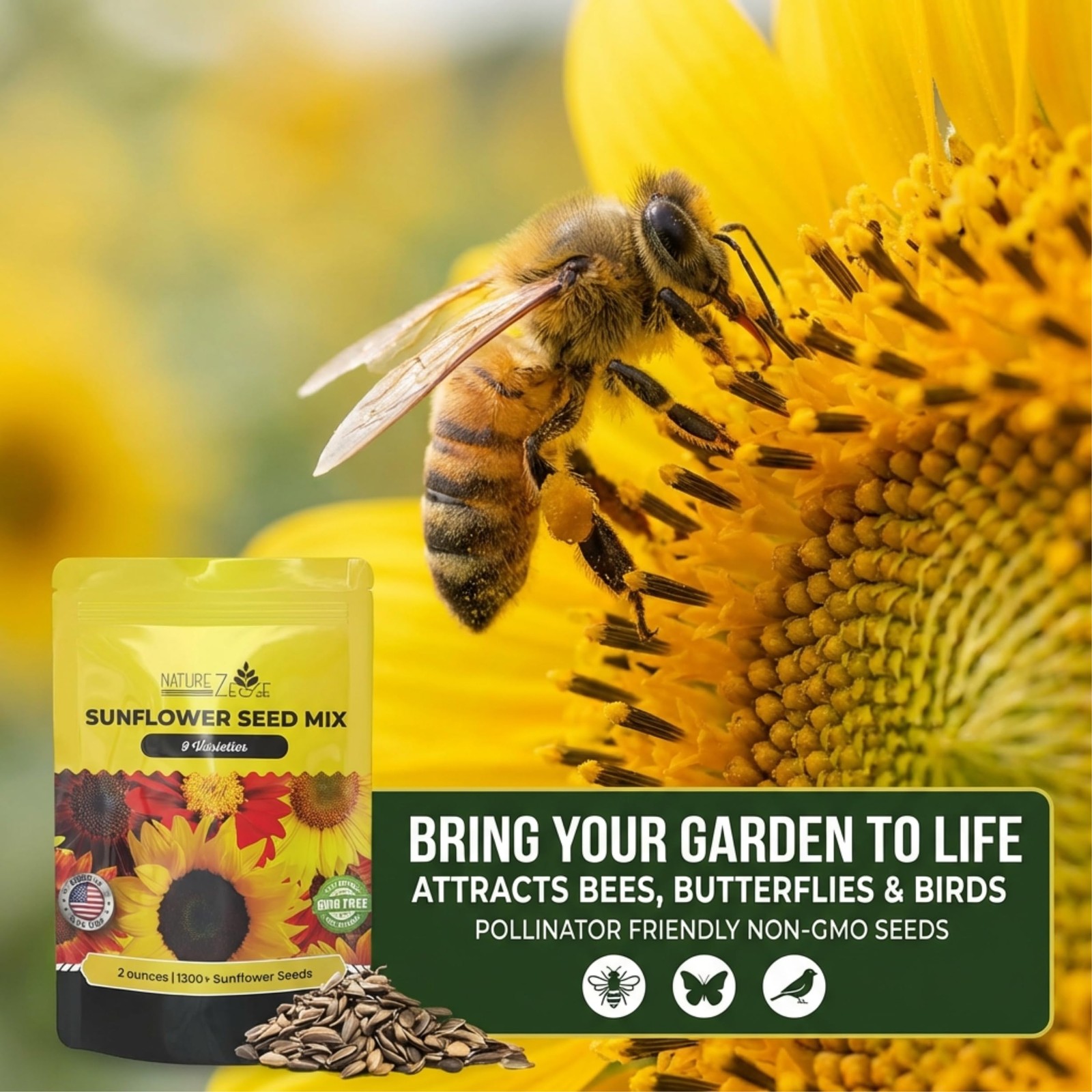 NatureZ Edge 1300+ Sunflower Seeds Garden Variety 2 oz- 1300 Seeds, Yellow
