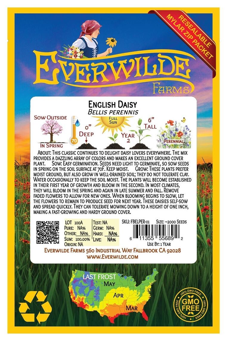 1 Oz English Daisy Mixed Wildflower Seeds – Everwilde Farms Mylar Seed Packet