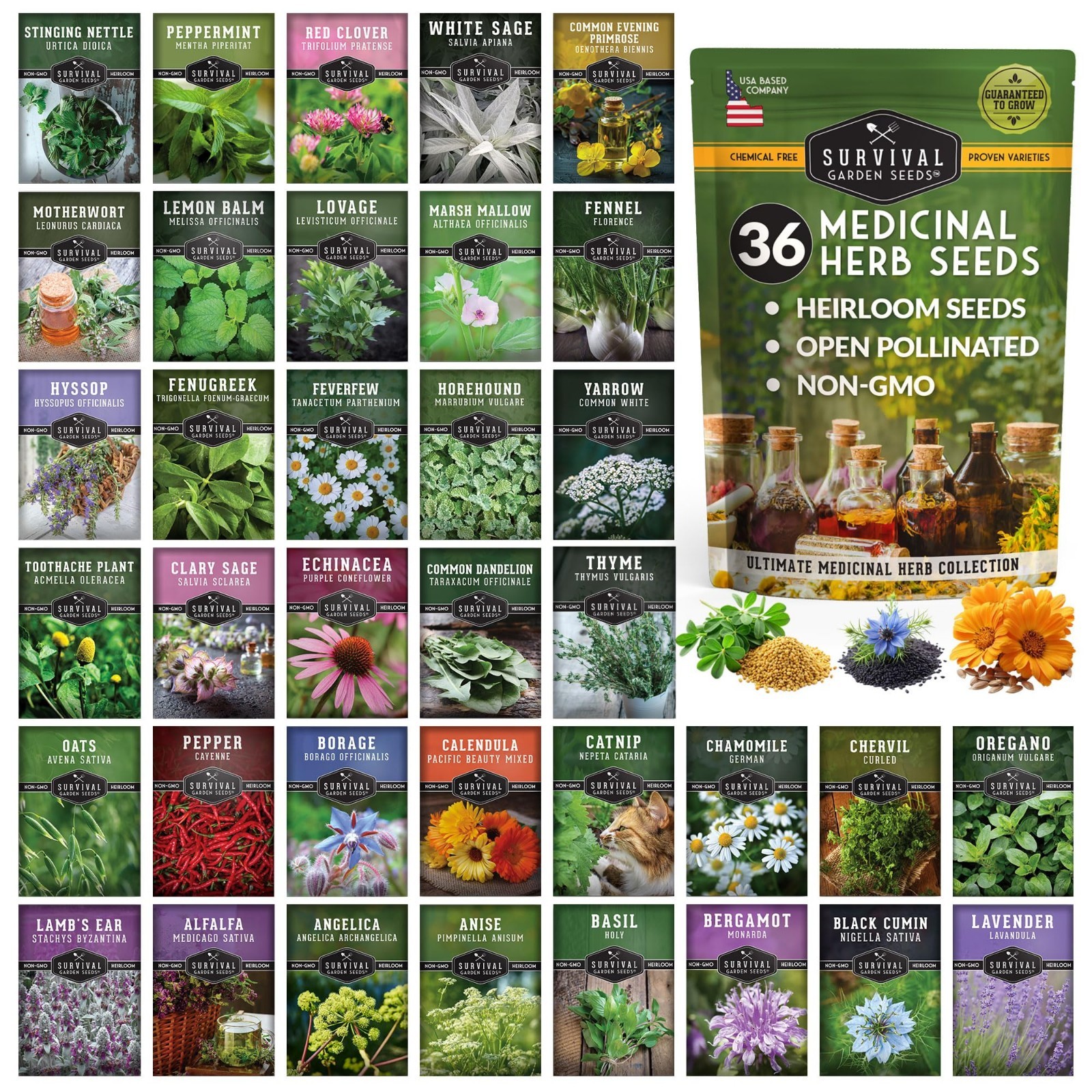 Heirloom Medicinal Herb Seeds Variety Pack – 36 Non-GMO Healing Herbs for Wellne