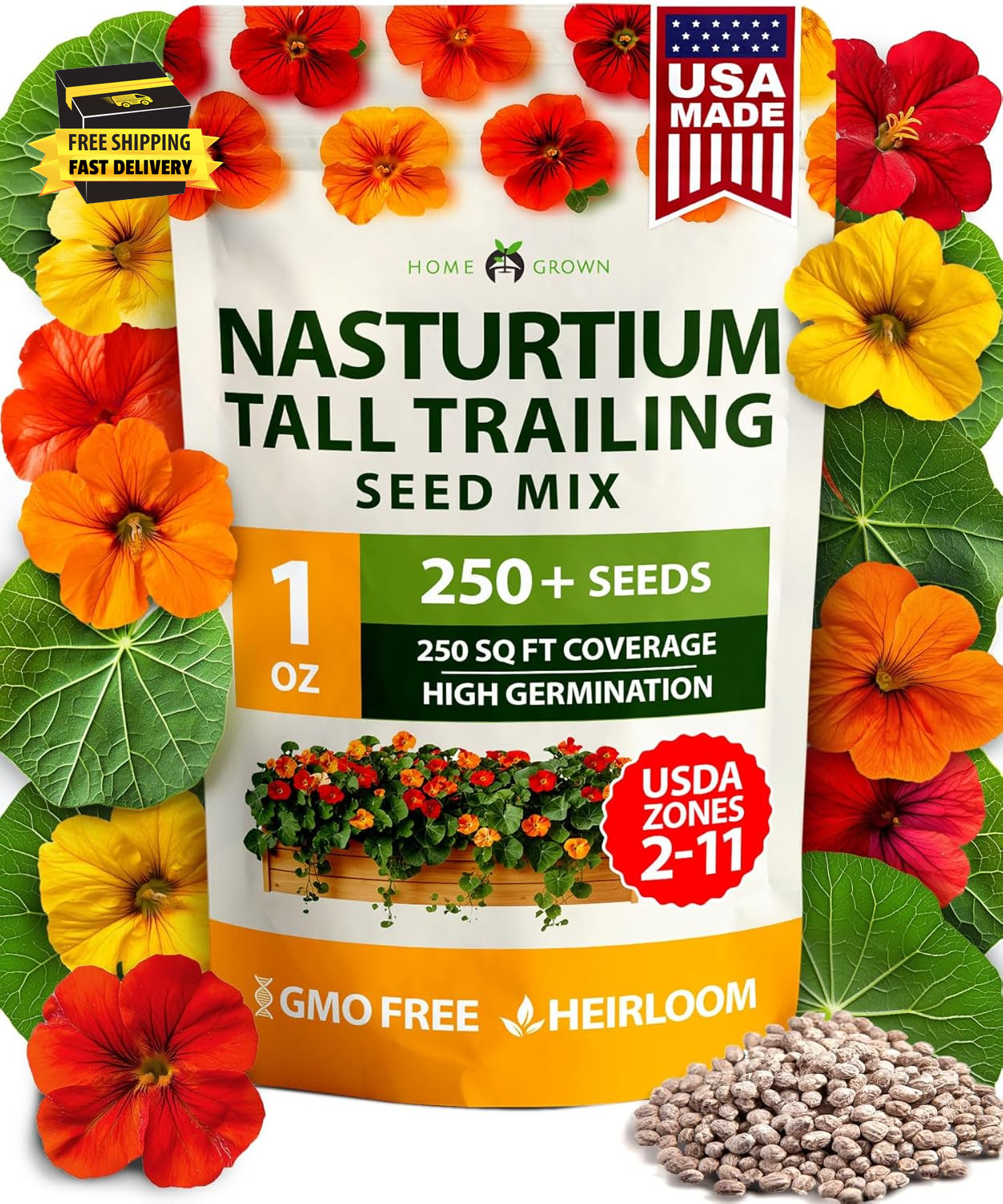 Nasturtium Seeds Dwarf Tall Trailing Mix –250+ Edible Flower Seeds for Planting