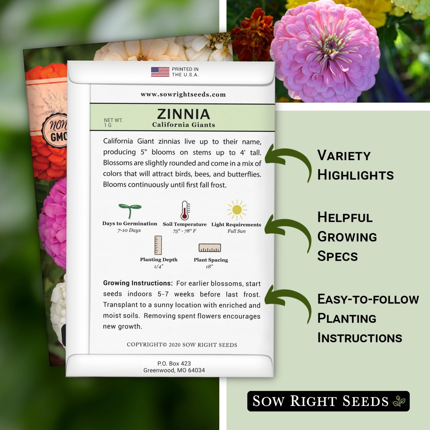Sow Right Seeds – California Giants Mix Zinnia for Planting –