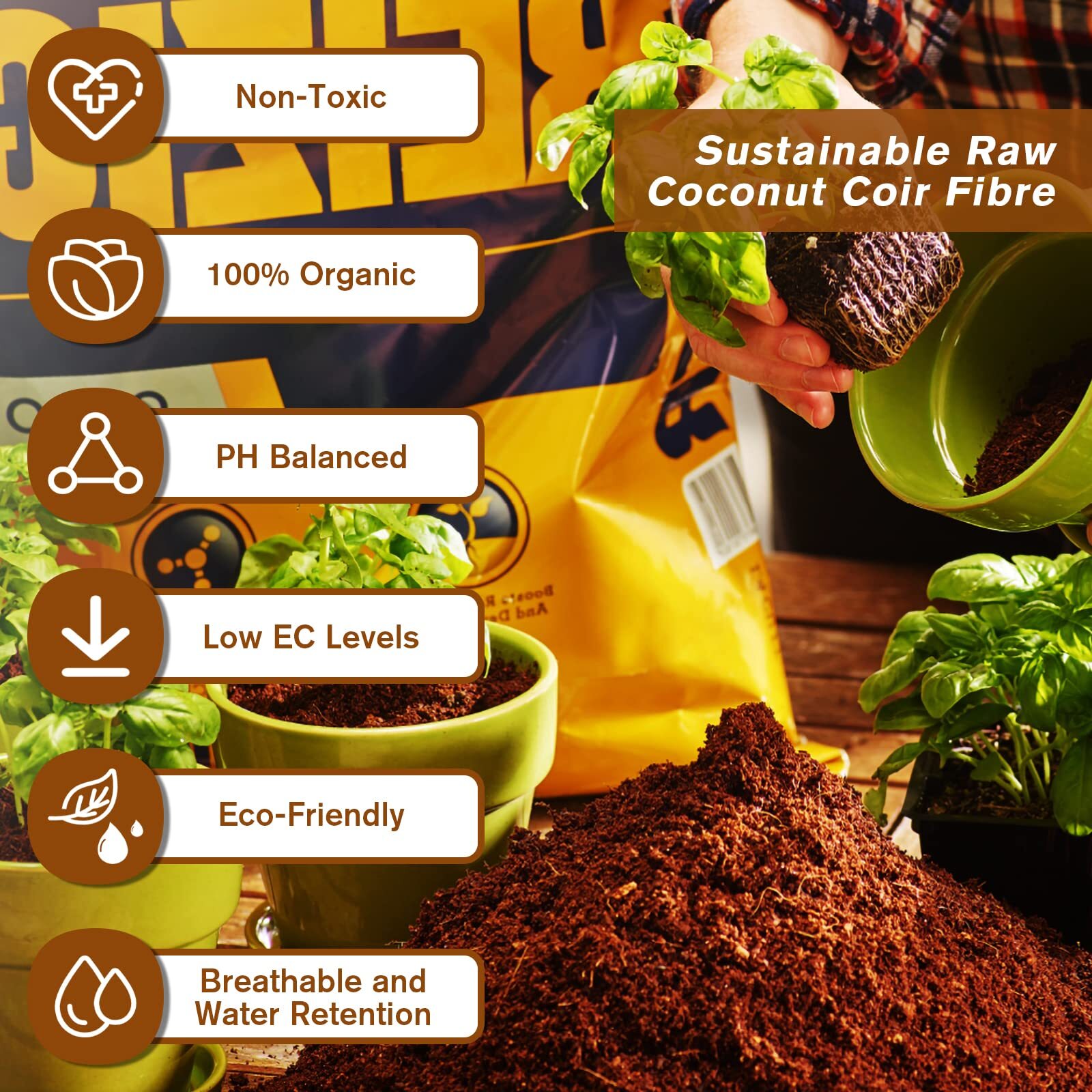 Organic Coco Coir Brick 10 Pounds, Natural Seed Starter with Low EC & pH Balance