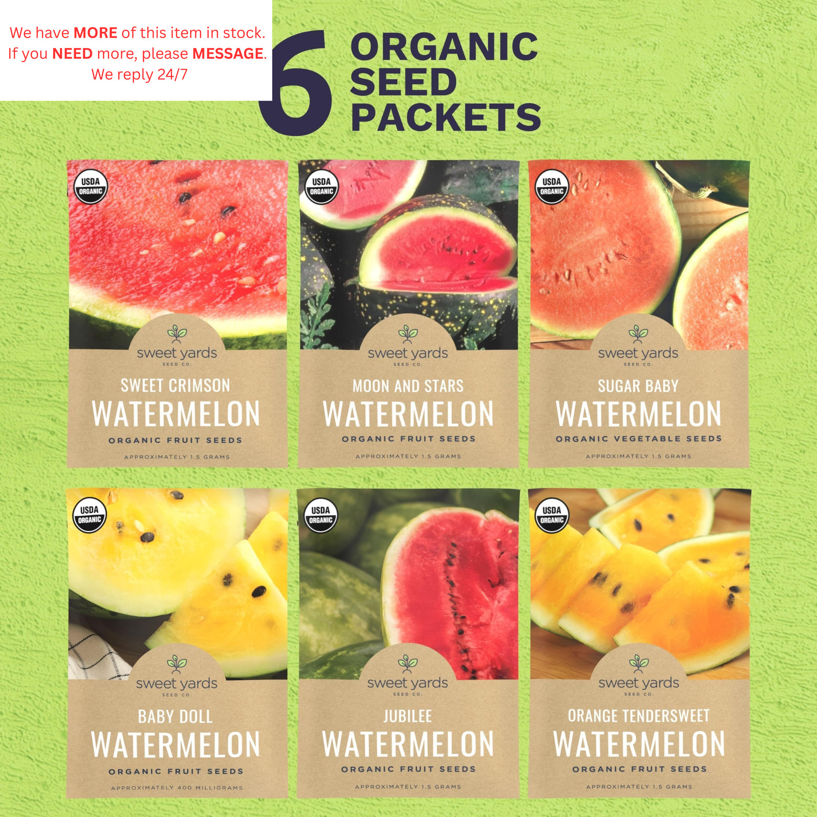 Organic Watermelon Seeds Variety Pack – 6 Individual Packs – 2026 Season Red