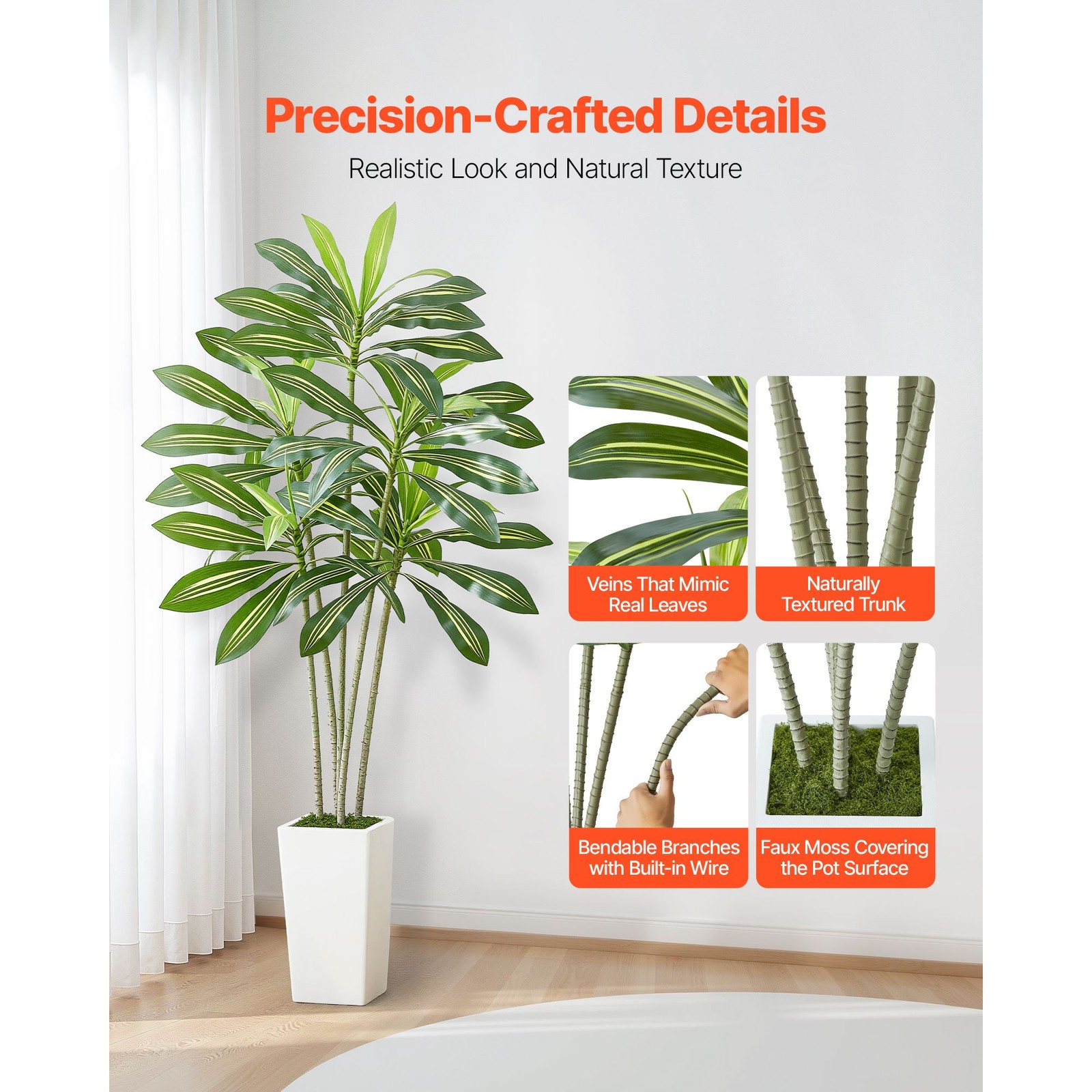 6ft Artificial Dracaena Tree, Faux Palm in White Planter, Indoor Outdoor Floor