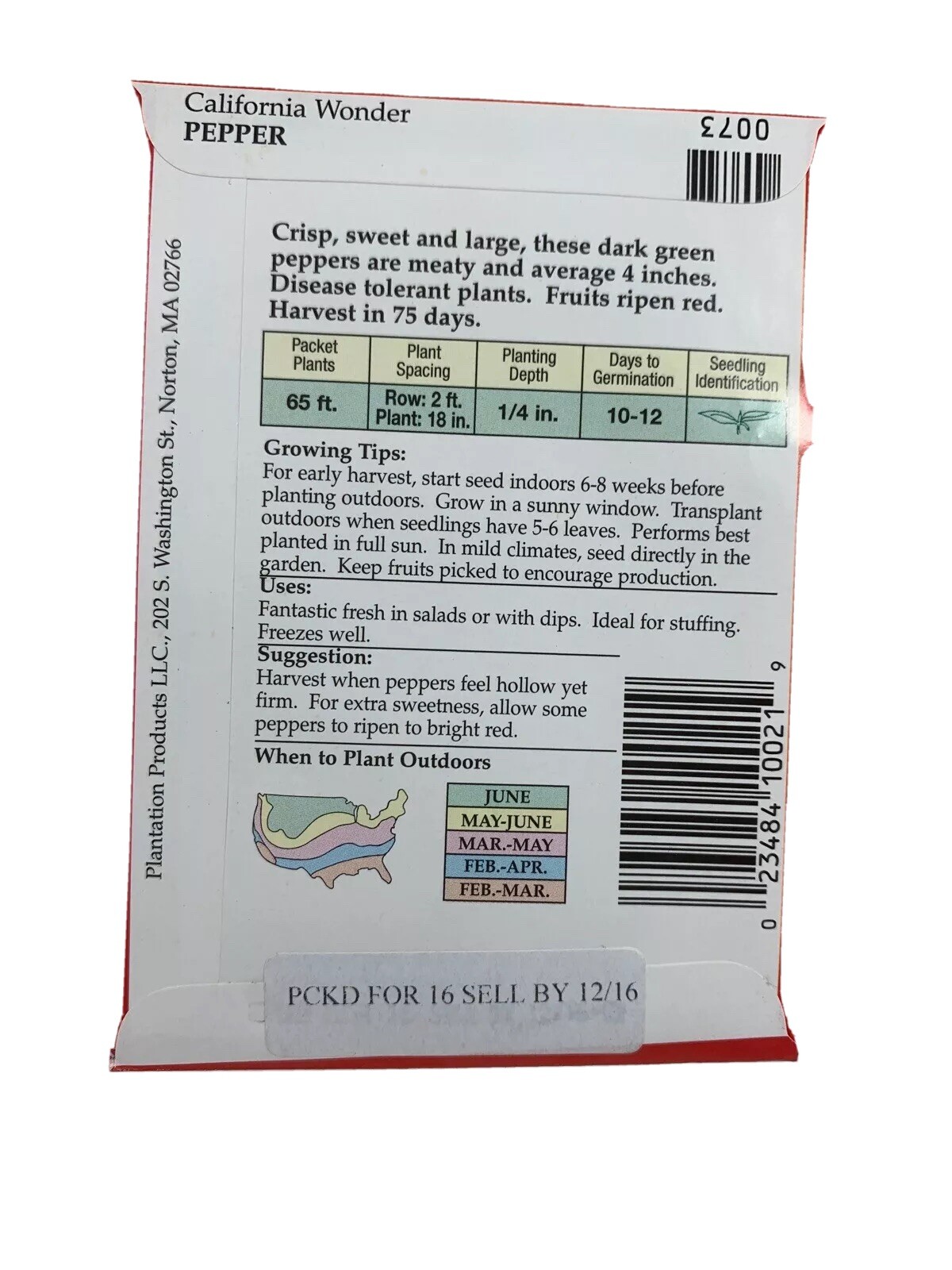 Pepper- Green & Red California Wonder- 360 Seeds – 6 Pack Lot Fredonia 2016