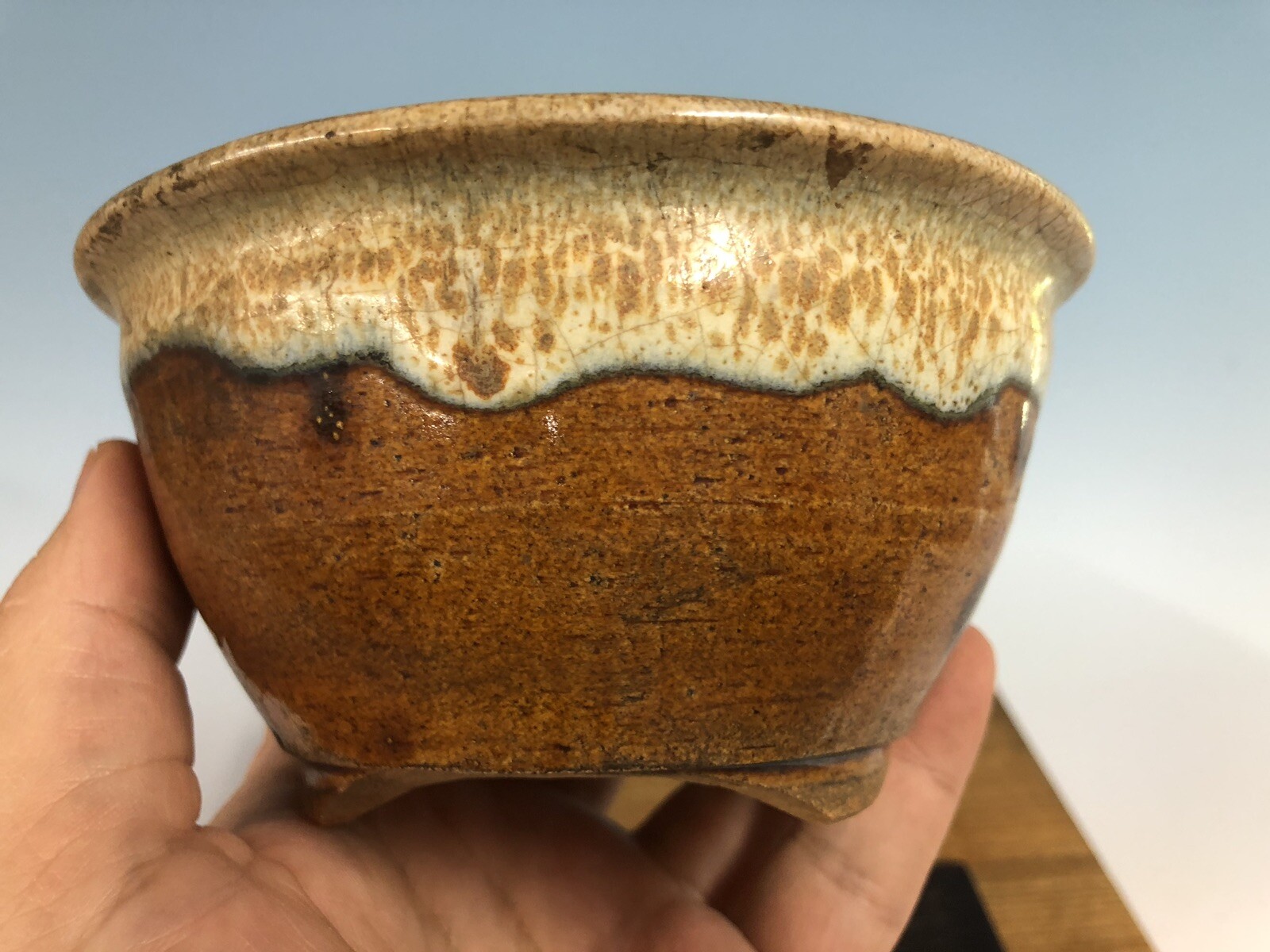 Brown White Round Glazed Shohin Size Bonsai Tree Pot Fugushige Bushuan 5 1/16”